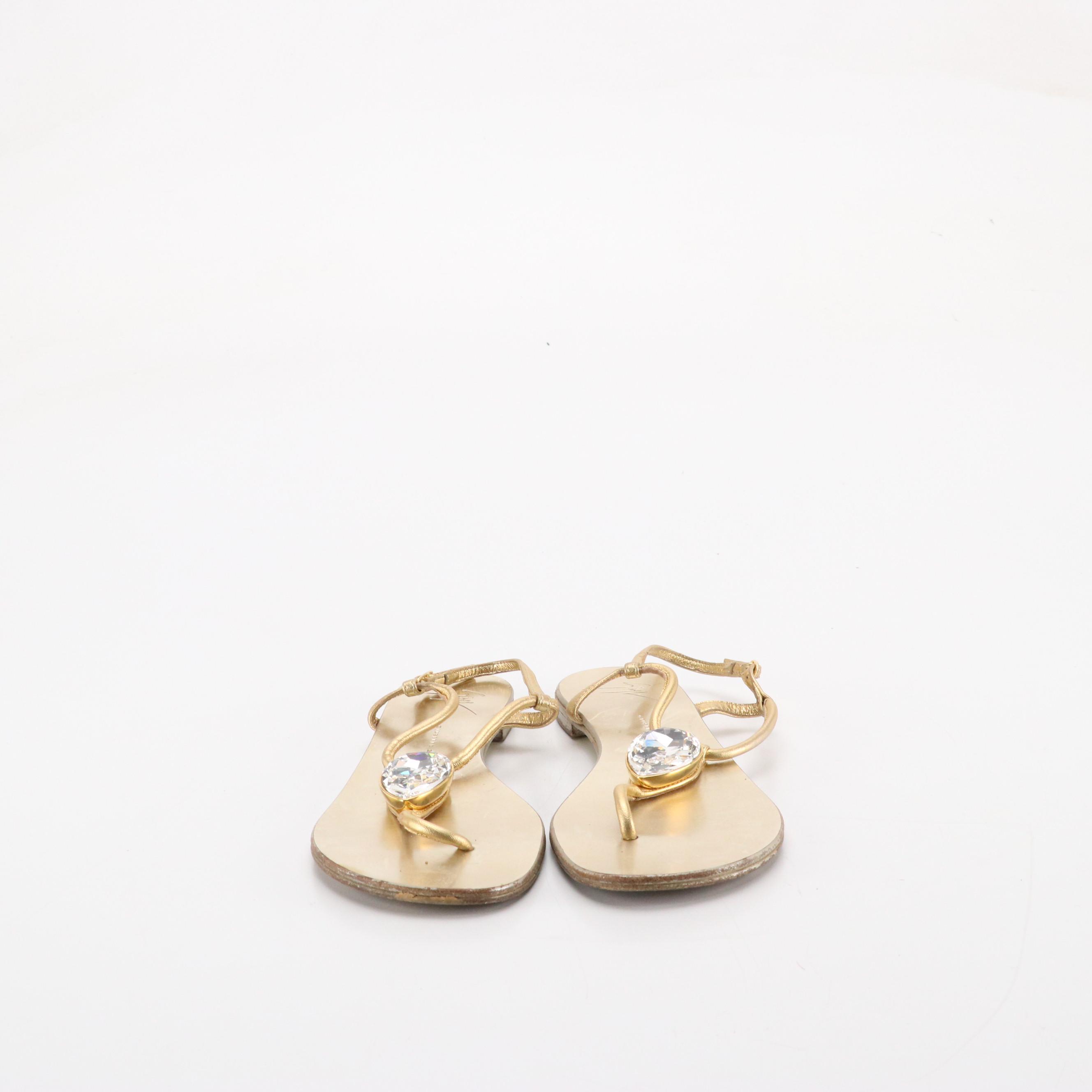 Giuseppe Zanotti Rhinestone Embellished Ankle Wrap Sandals in Gold Leather