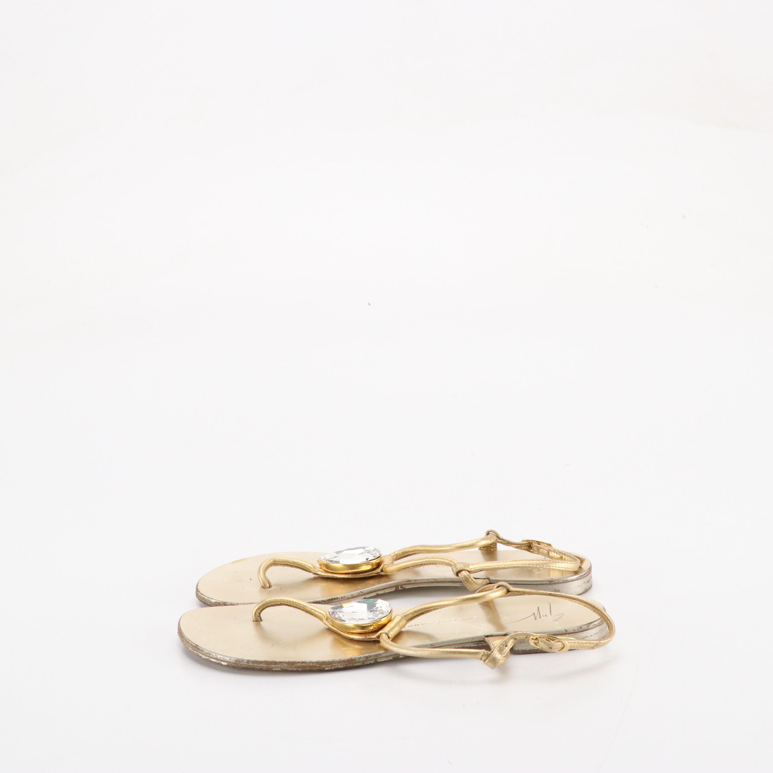 Giuseppe Zanotti Rhinestone Embellished Ankle Wrap Sandals in Gold Leather