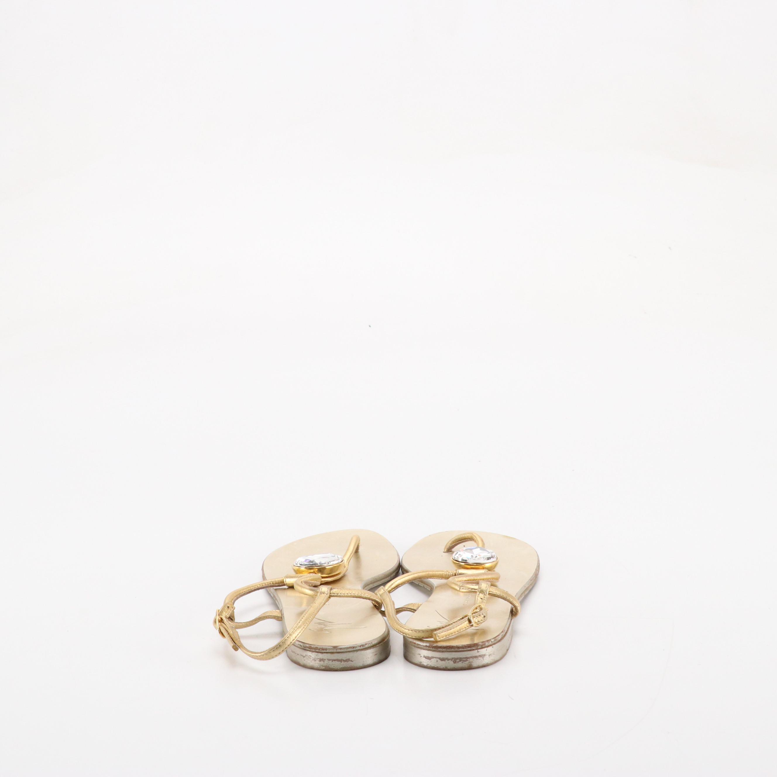 Giuseppe Zanotti Rhinestone Embellished Ankle Wrap Sandals in Gold Leather