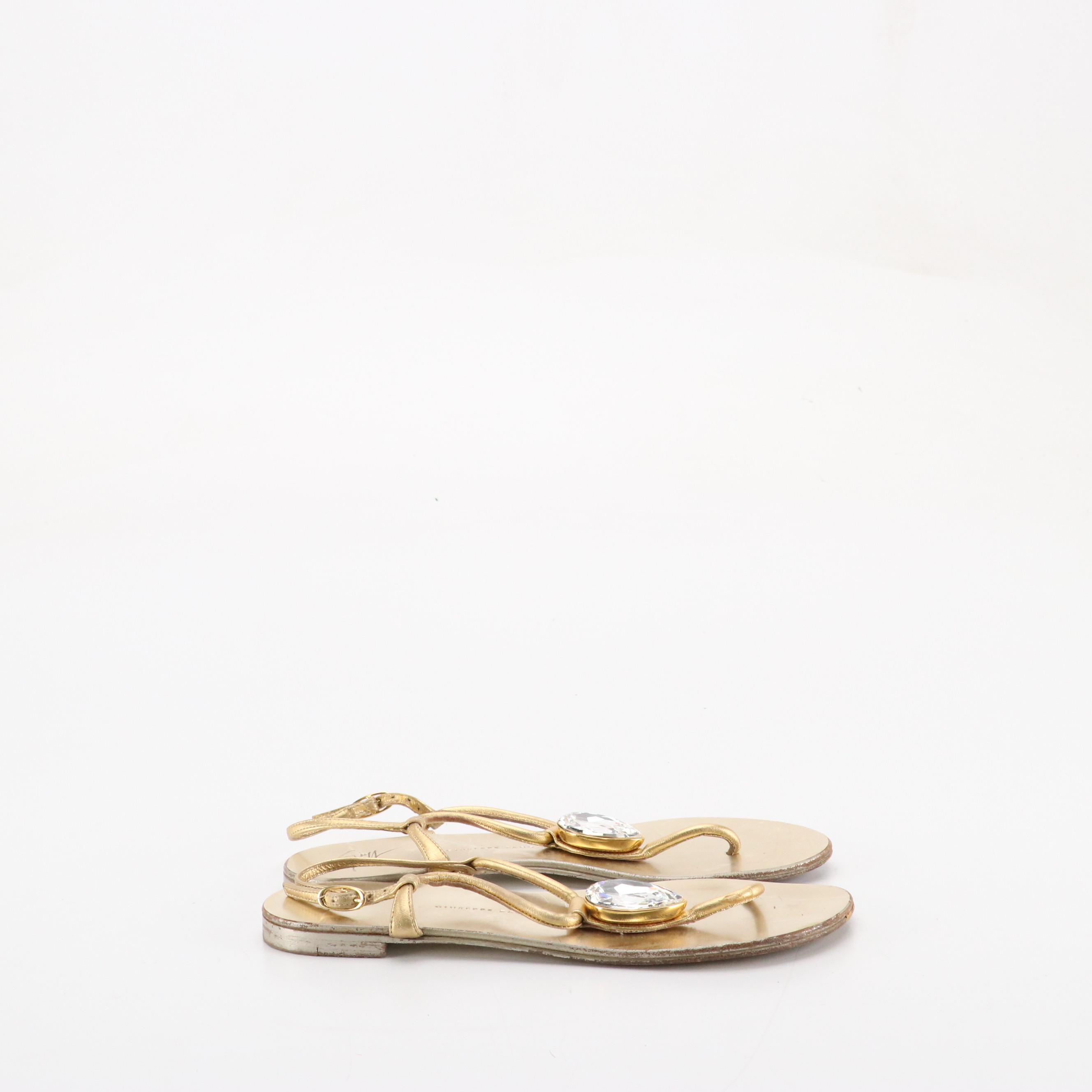 Giuseppe Zanotti Rhinestone Embellished Ankle Wrap Sandals in Gold Leather