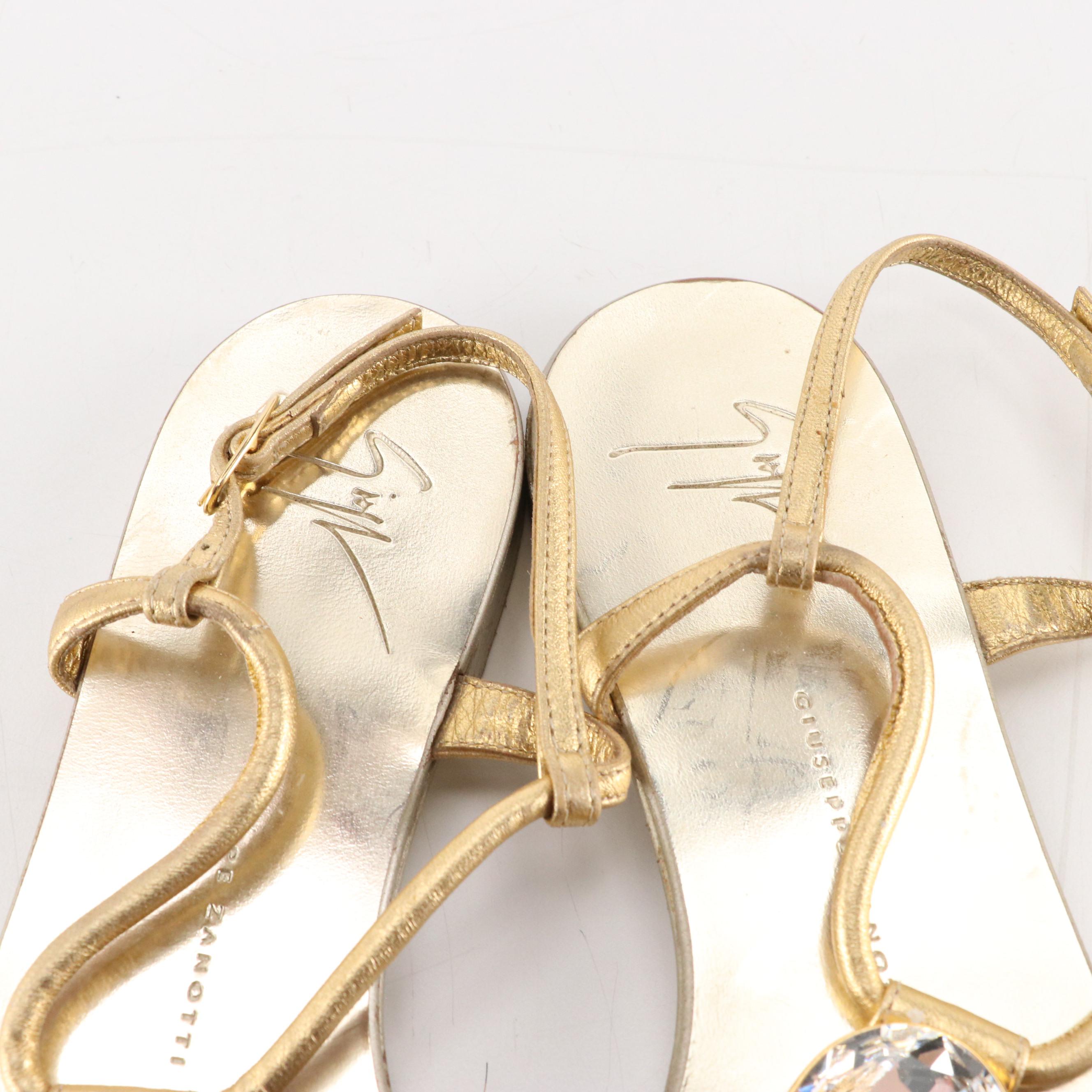 Giuseppe Zanotti Rhinestone Embellished Ankle Wrap Sandals in Gold Leather