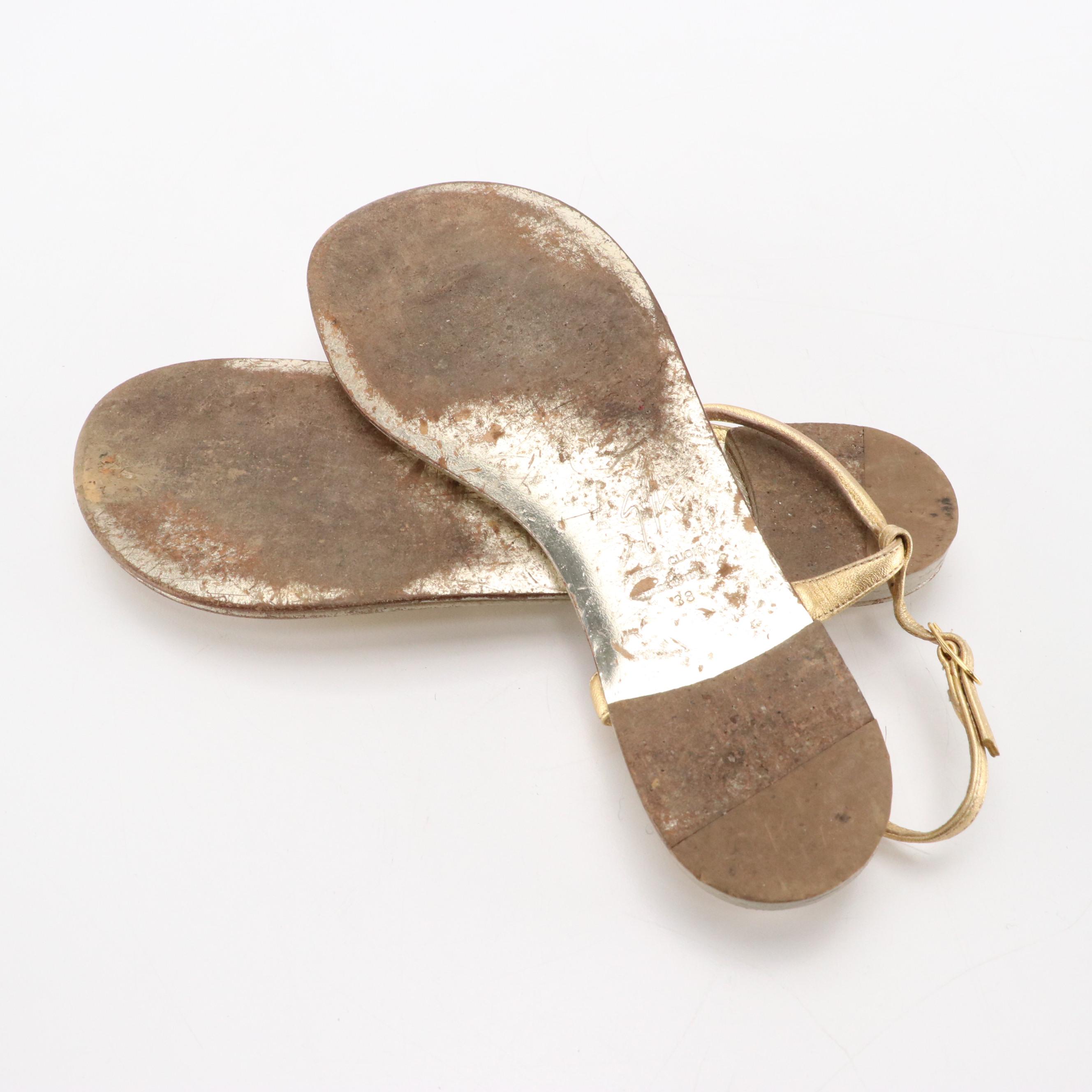 Giuseppe Zanotti Rhinestone Embellished Ankle Wrap Sandals in Gold Leather