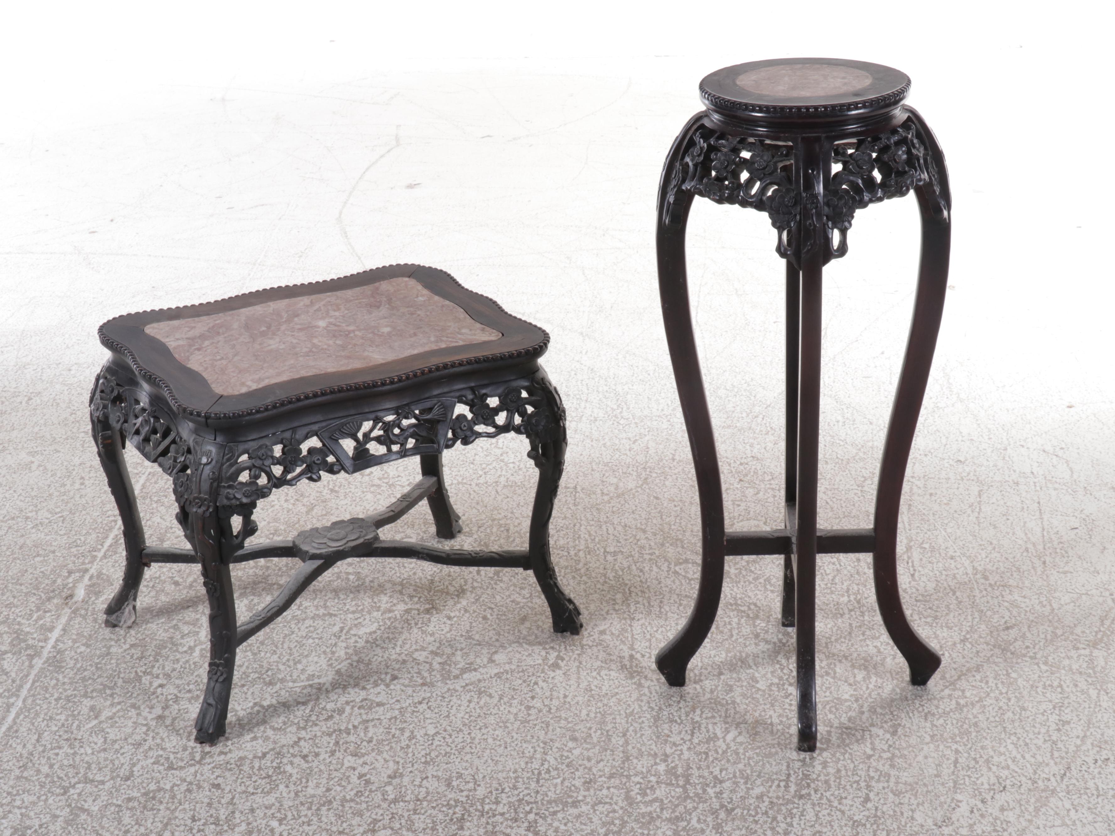 Chinese Carved Wooden Stands with Marble Tops