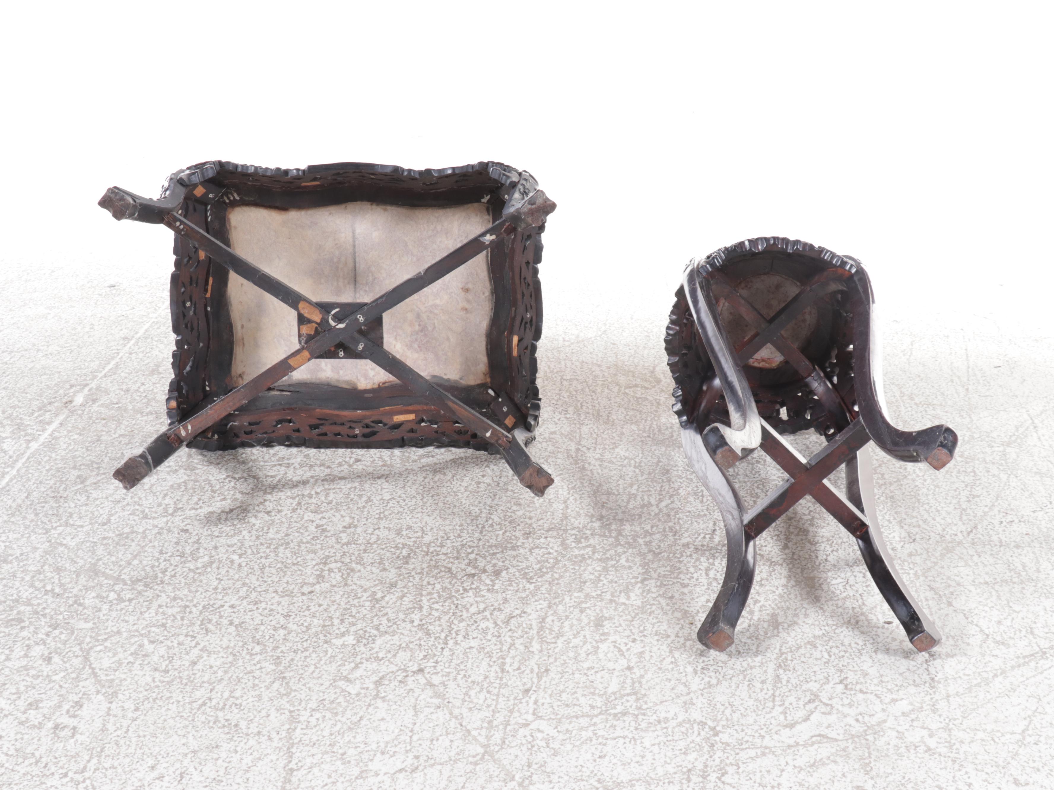Chinese Carved Wooden Stands with Marble Tops