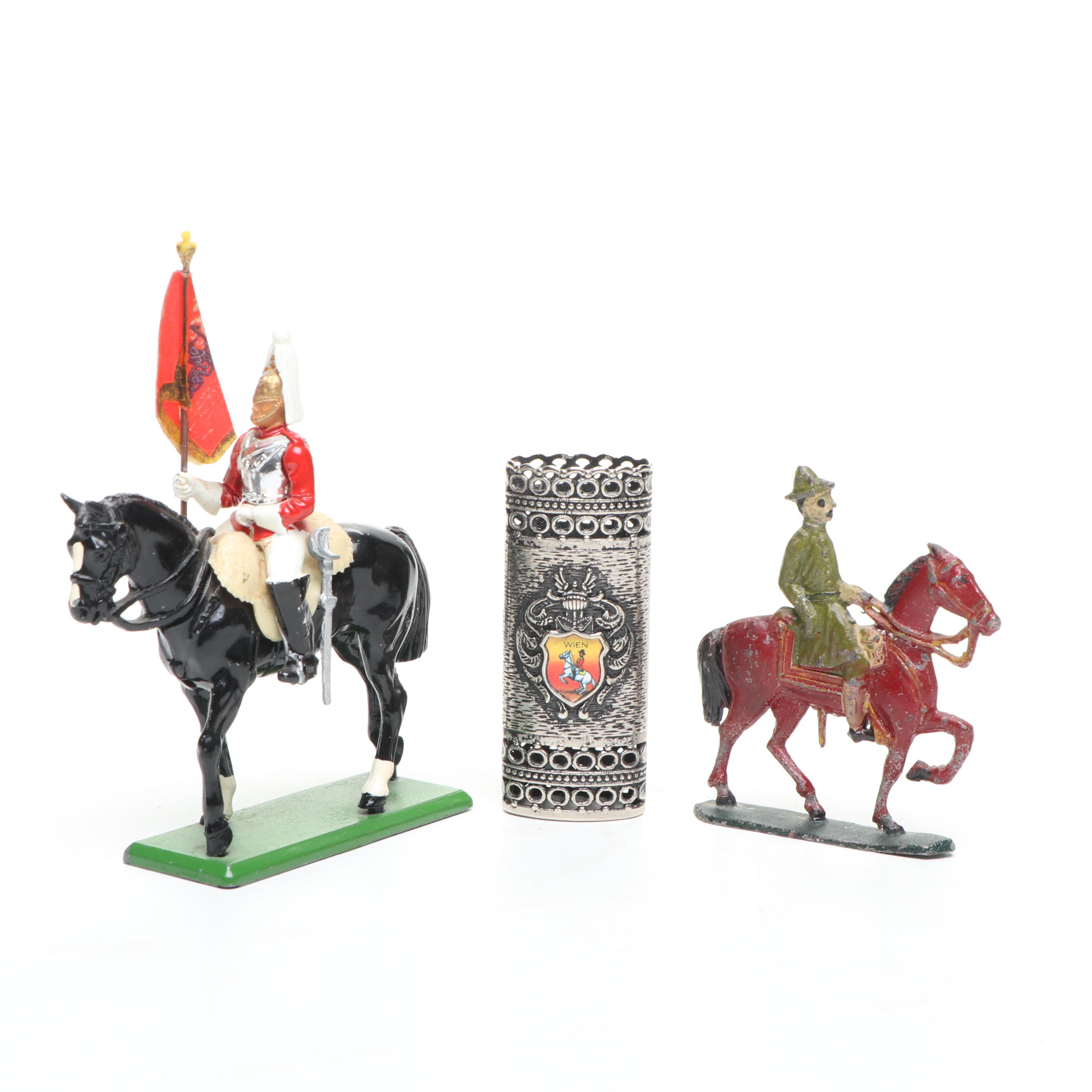 W. Britain Metal Mounted Standard Bearer with Other Toy Solider and Lighter Case