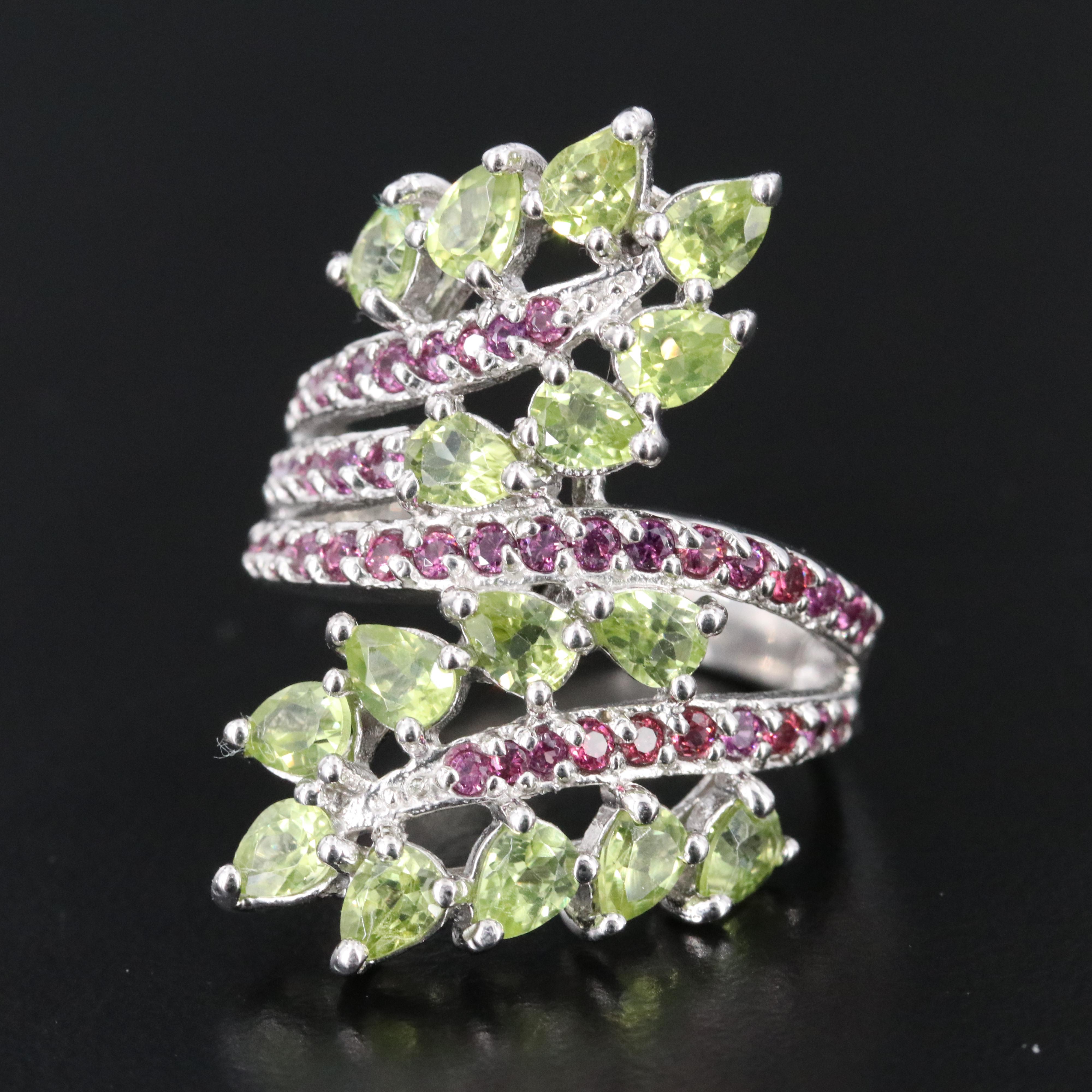 Sterling Peridot and Garnet Bypass Ring