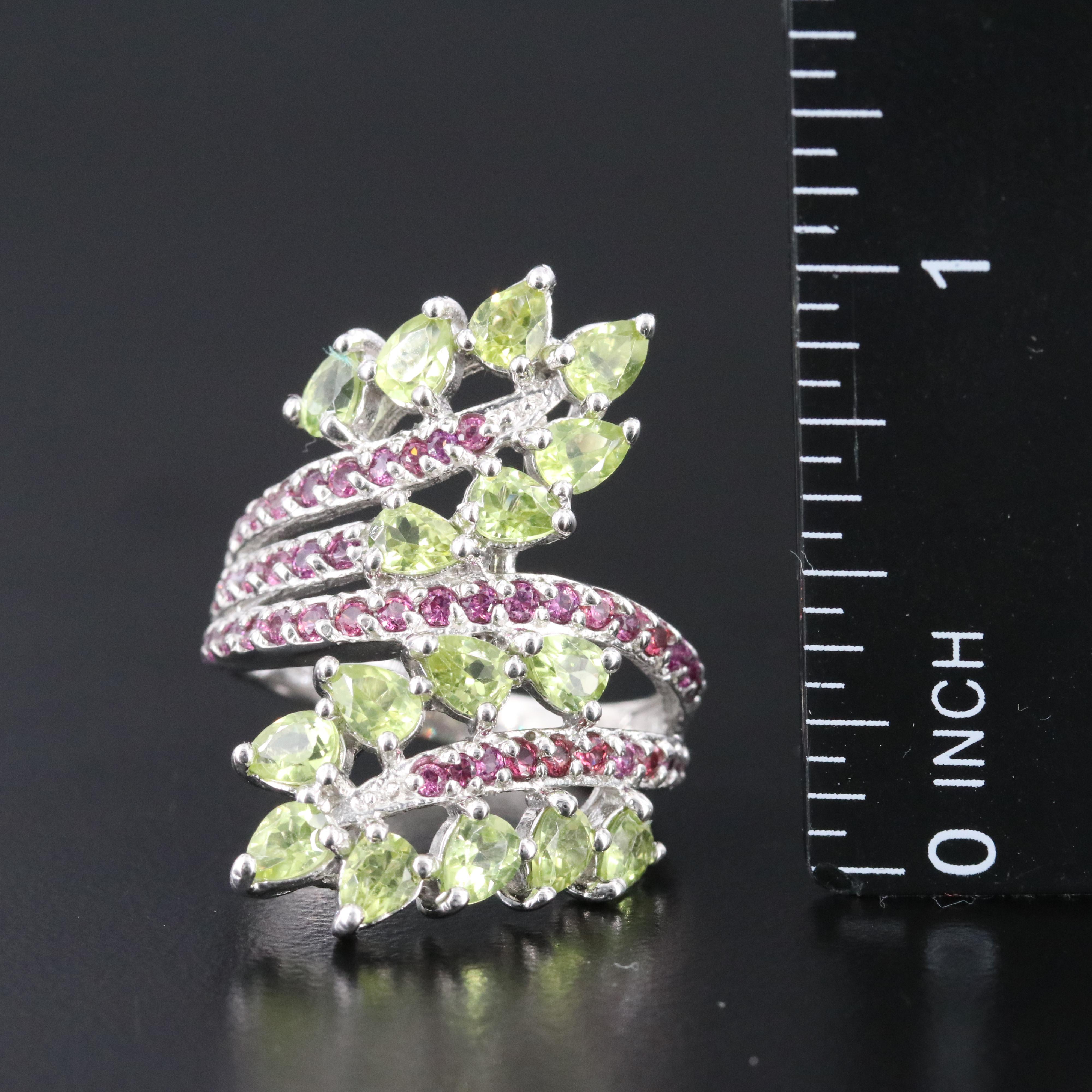 Sterling Peridot and Garnet Bypass Ring