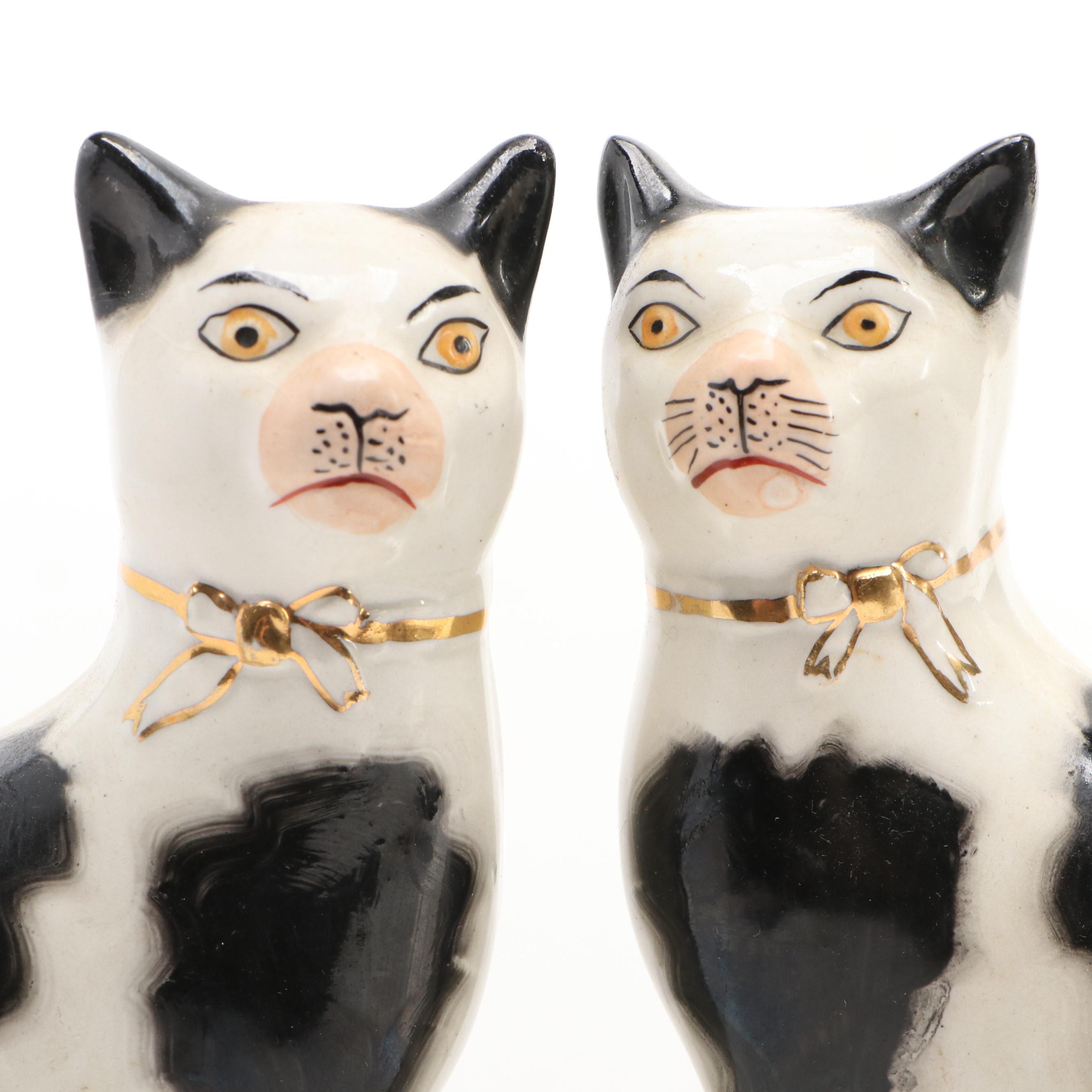 Pair of William Kent Staffordshire Spotted Cat Figurines on Pillows