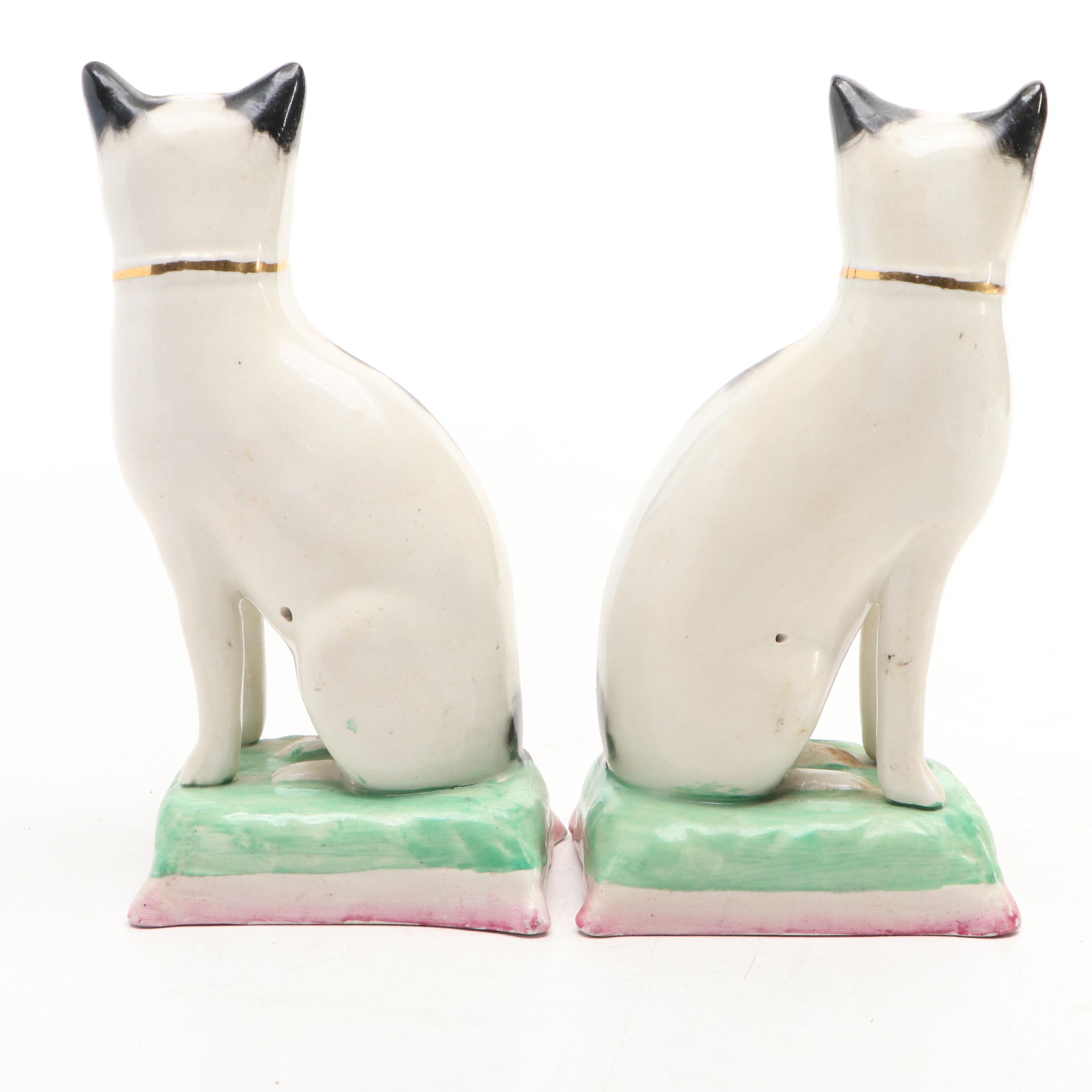 Pair of William Kent Staffordshire Spotted Cat Figurines on Pillows