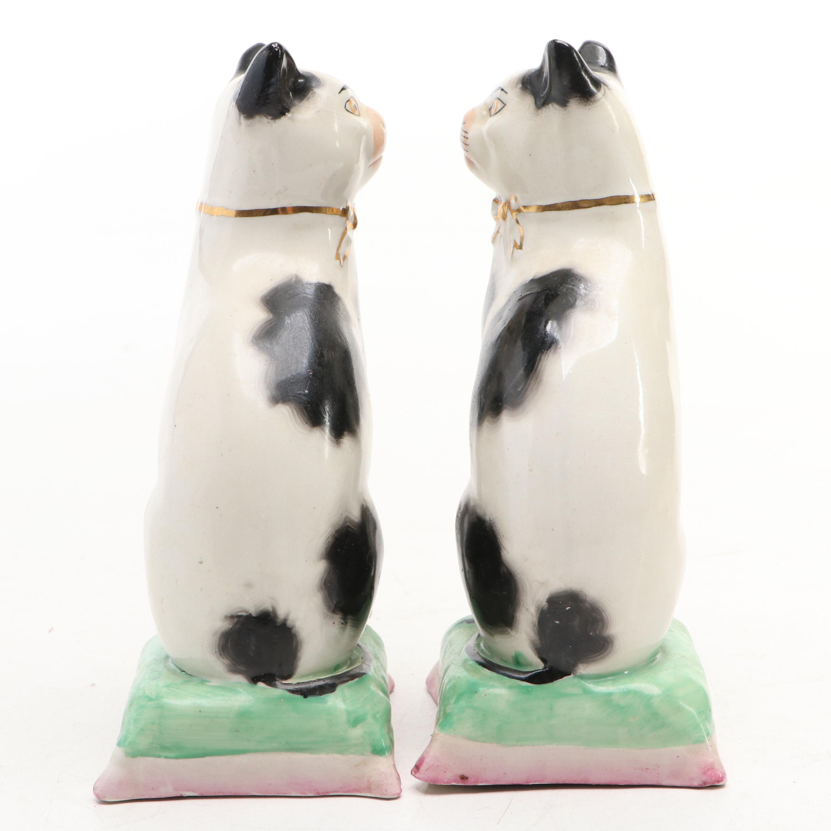 Pair of William Kent Staffordshire Spotted Cat Figurines on Pillows