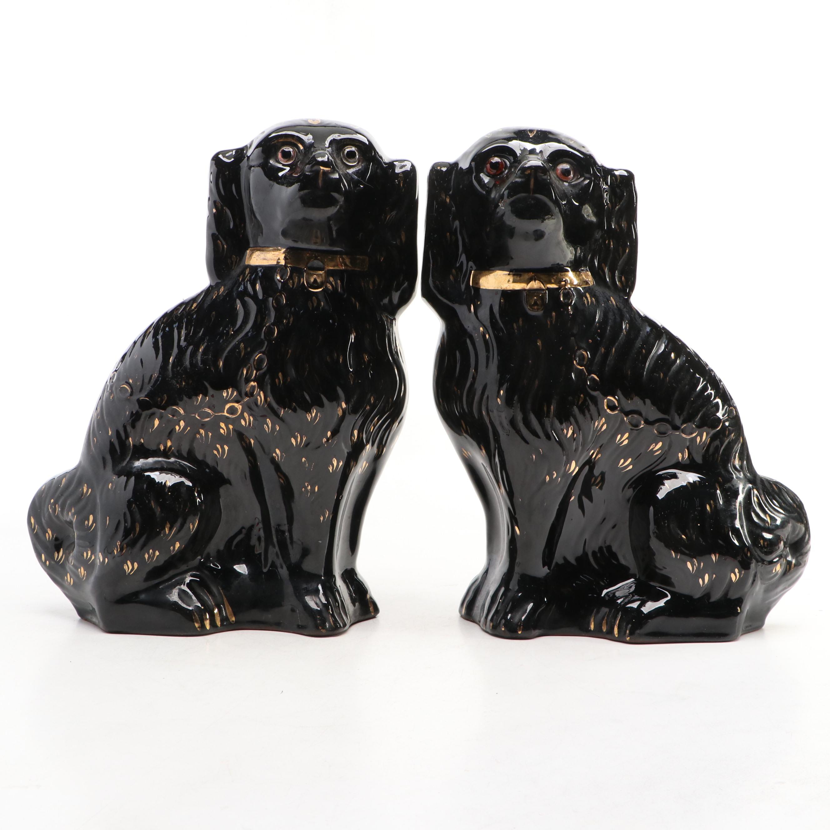 Pair of Staffordshire Style Black Dogs with Gilt Accents and Glass Eyes