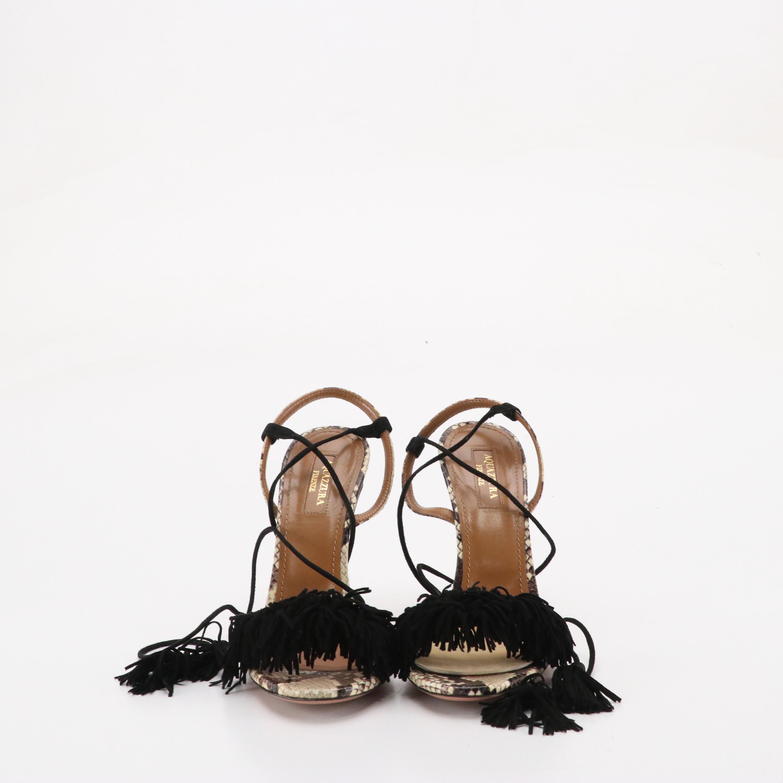 Aquazzura Python Skin and Black Suede Tassel Strappy Sandals