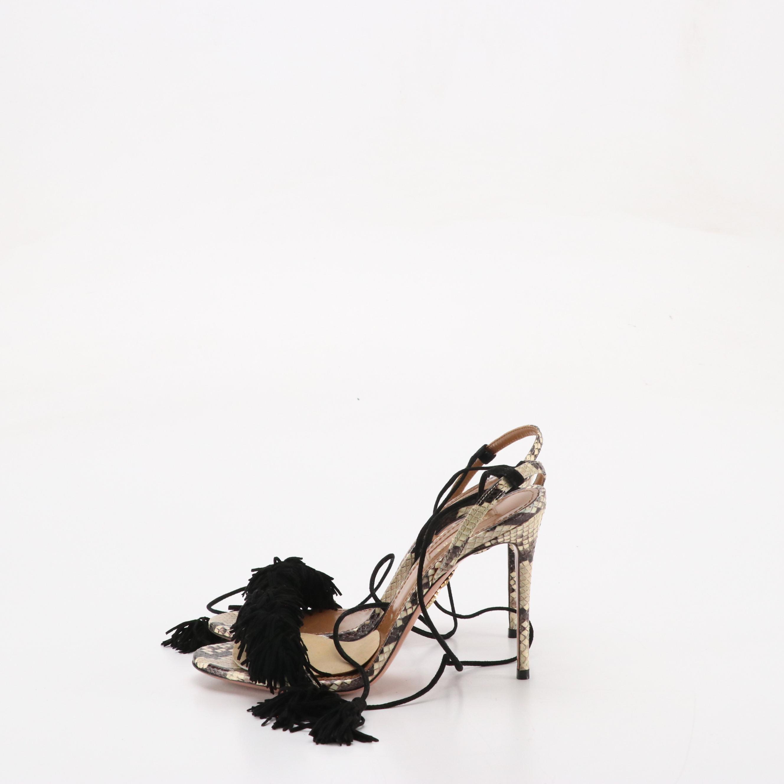 Aquazzura Python Skin and Black Suede Tassel Strappy Sandals