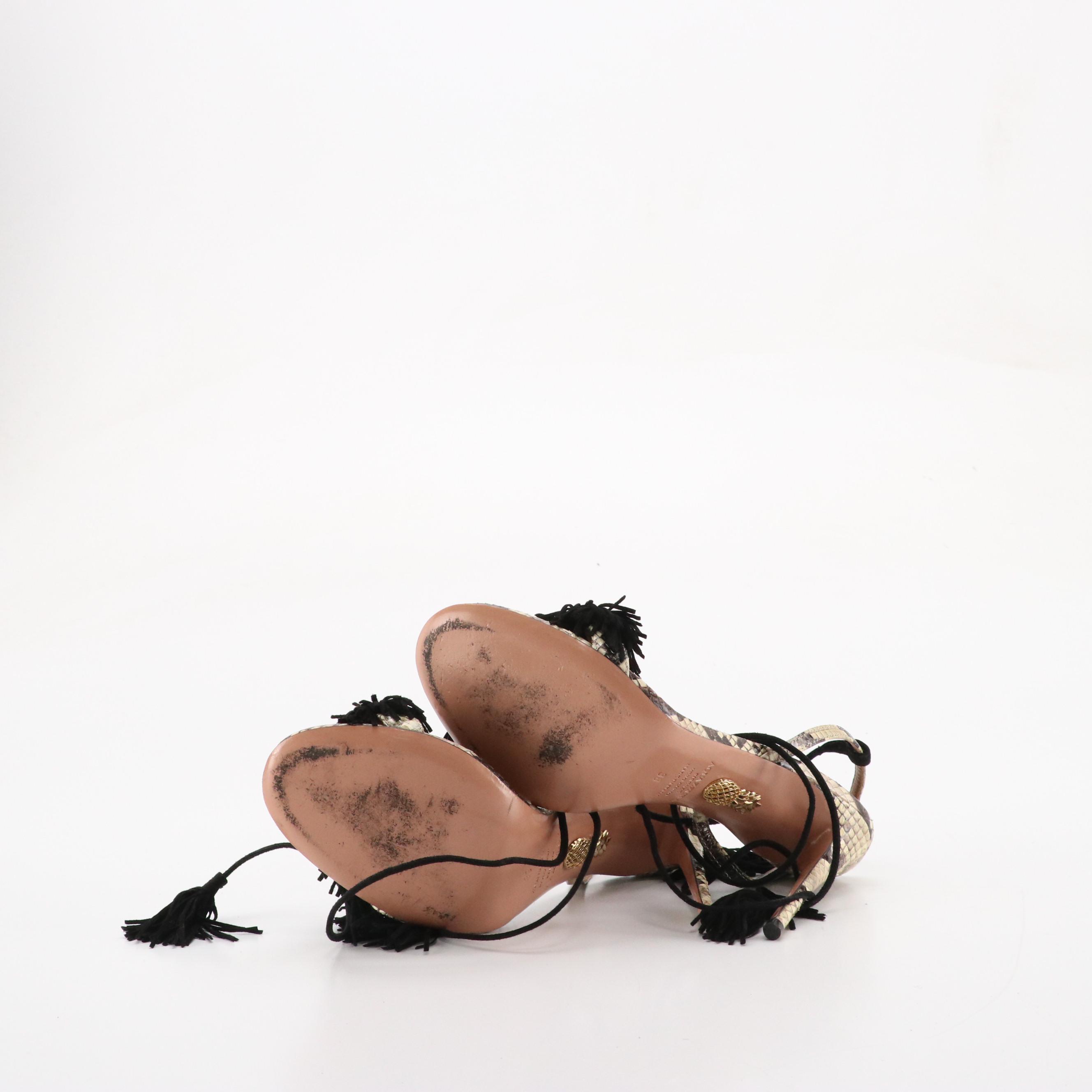 Aquazzura Python Skin and Black Suede Tassel Strappy Sandals