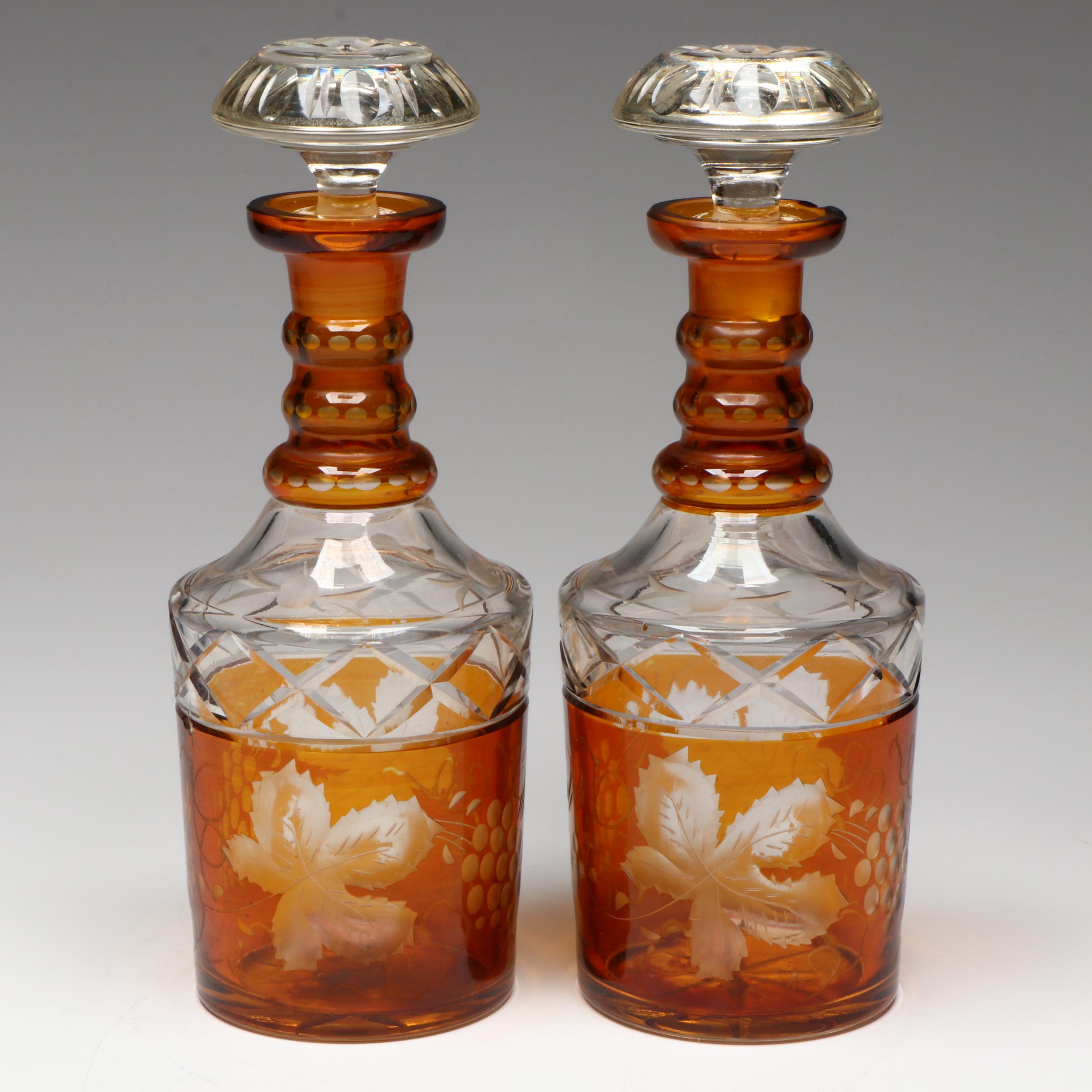 Pair of  Prussian Style Amber Cut to Clear Glass Decanters