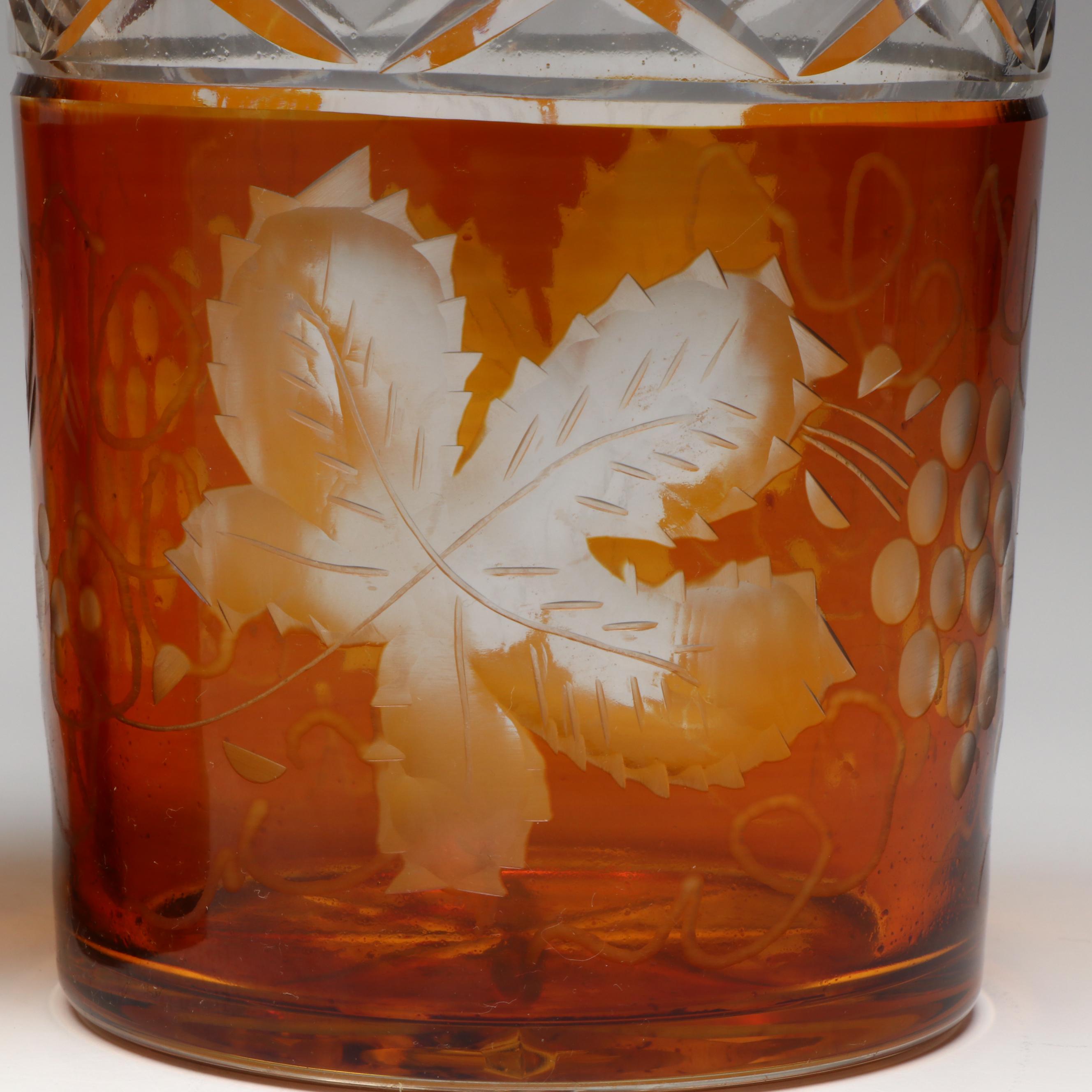 Pair of  Prussian Style Amber Cut to Clear Glass Decanters