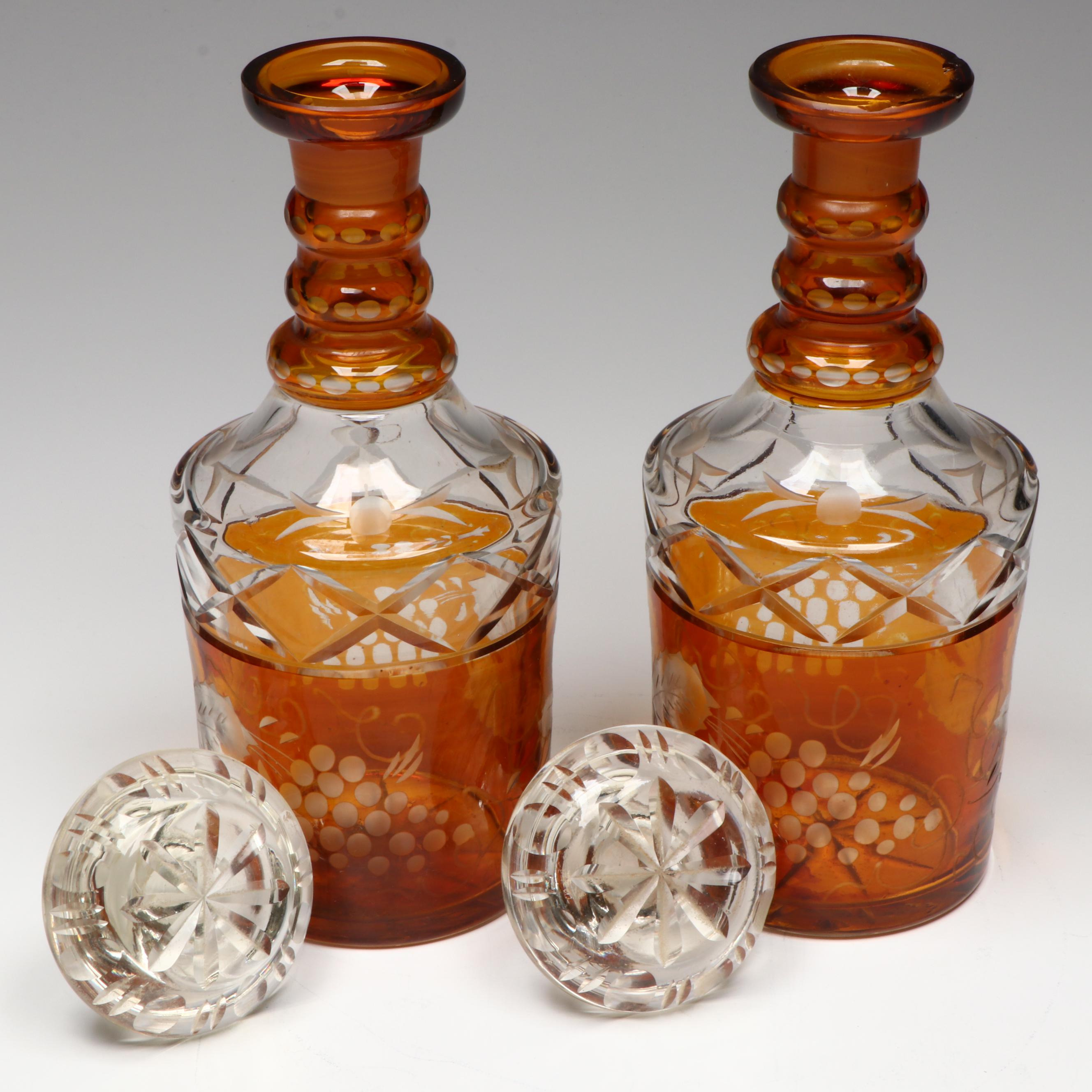 Pair of  Prussian Style Amber Cut to Clear Glass Decanters