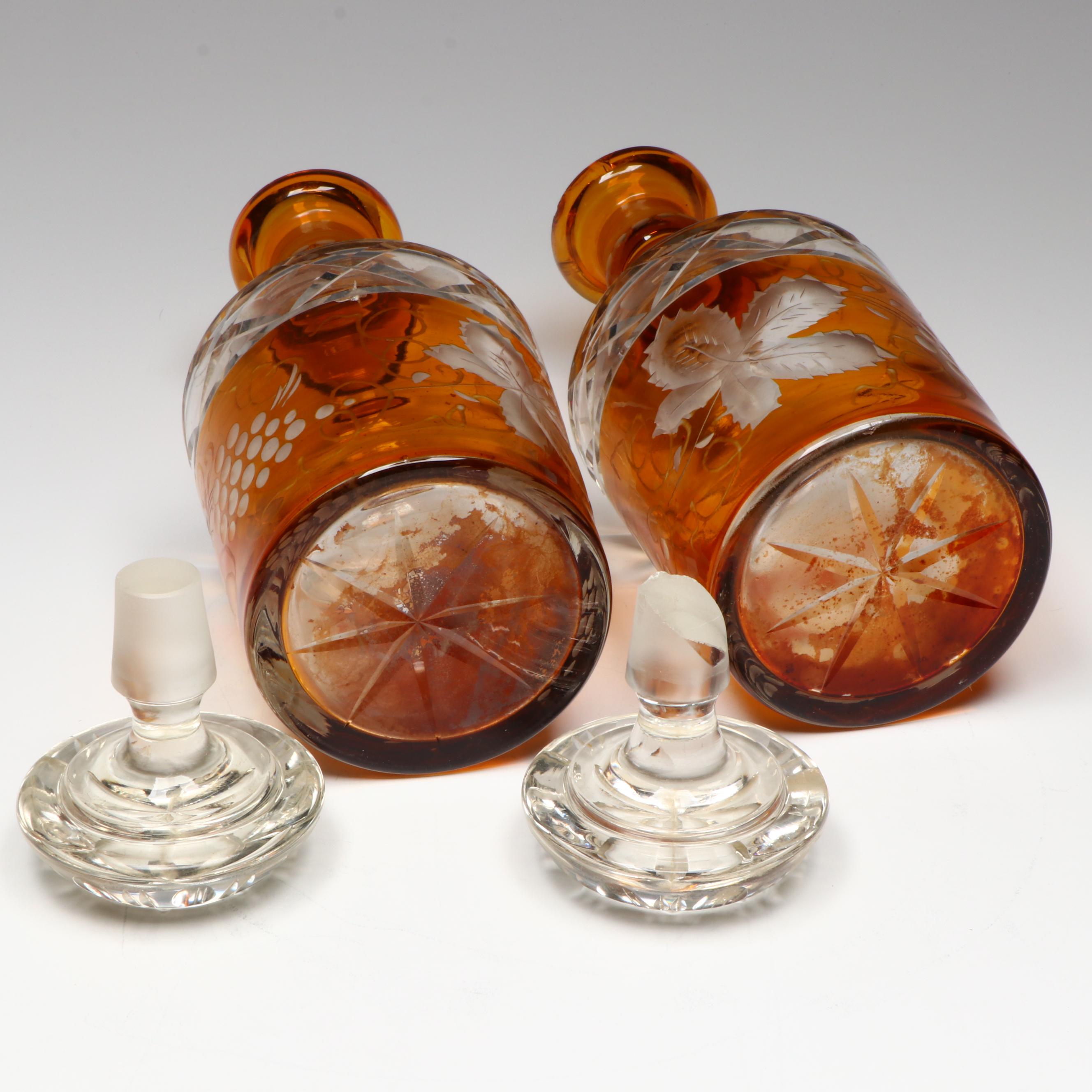 Pair of  Prussian Style Amber Cut to Clear Glass Decanters
