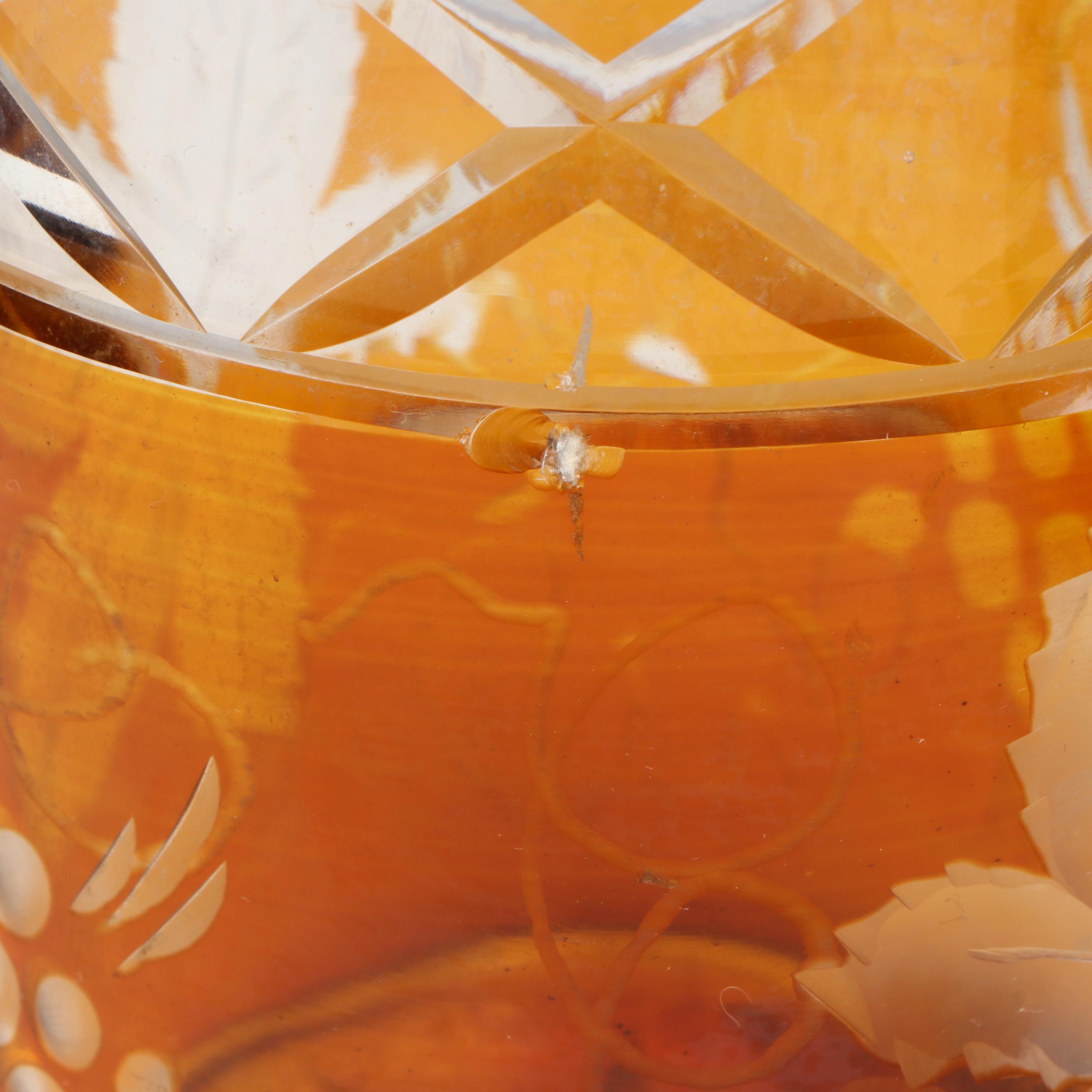 Pair of  Prussian Style Amber Cut to Clear Glass Decanters