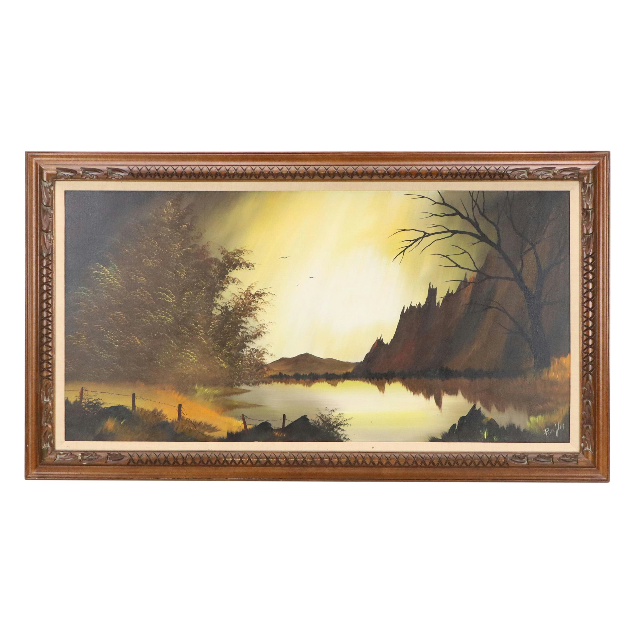 Dusk Mountainous Lake Landscape Oil Painting, Late 20th Century