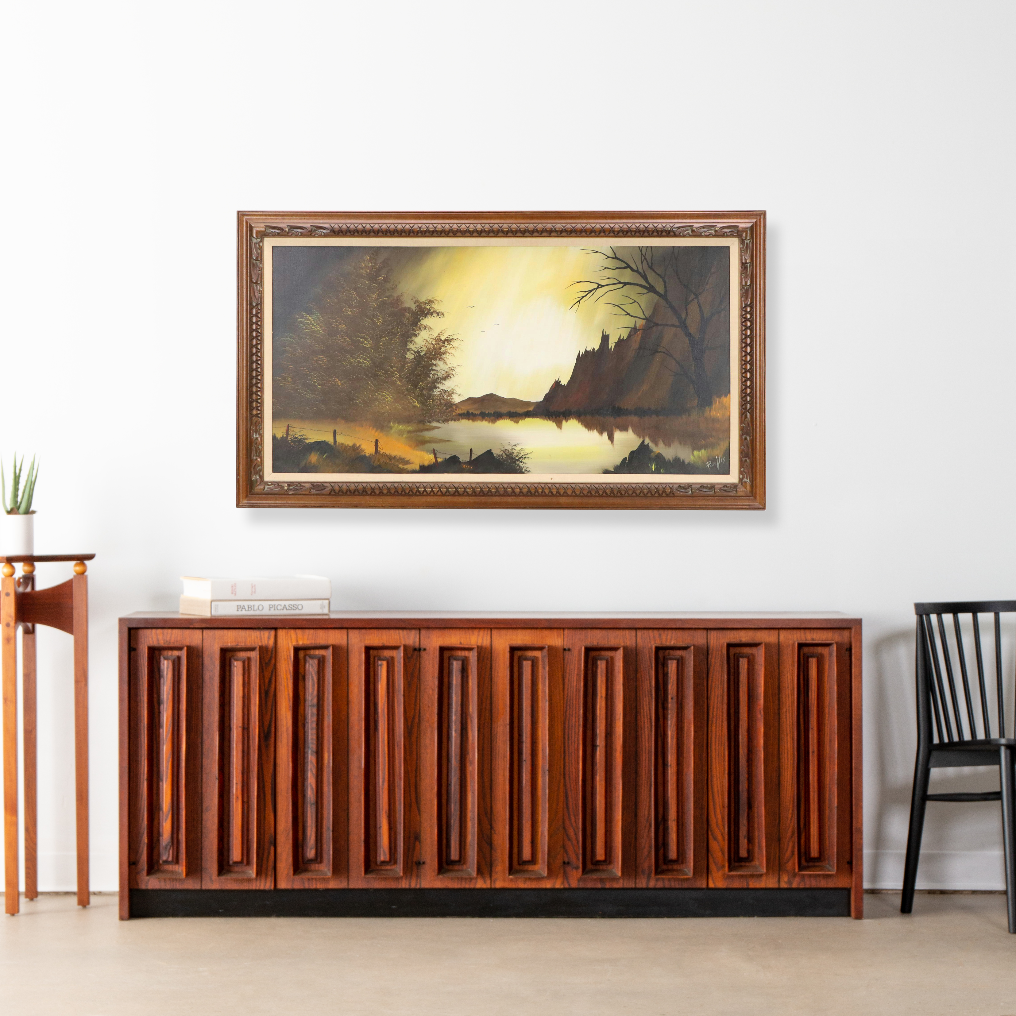 Dusk Mountainous Lake Landscape Oil Painting, Late 20th Century