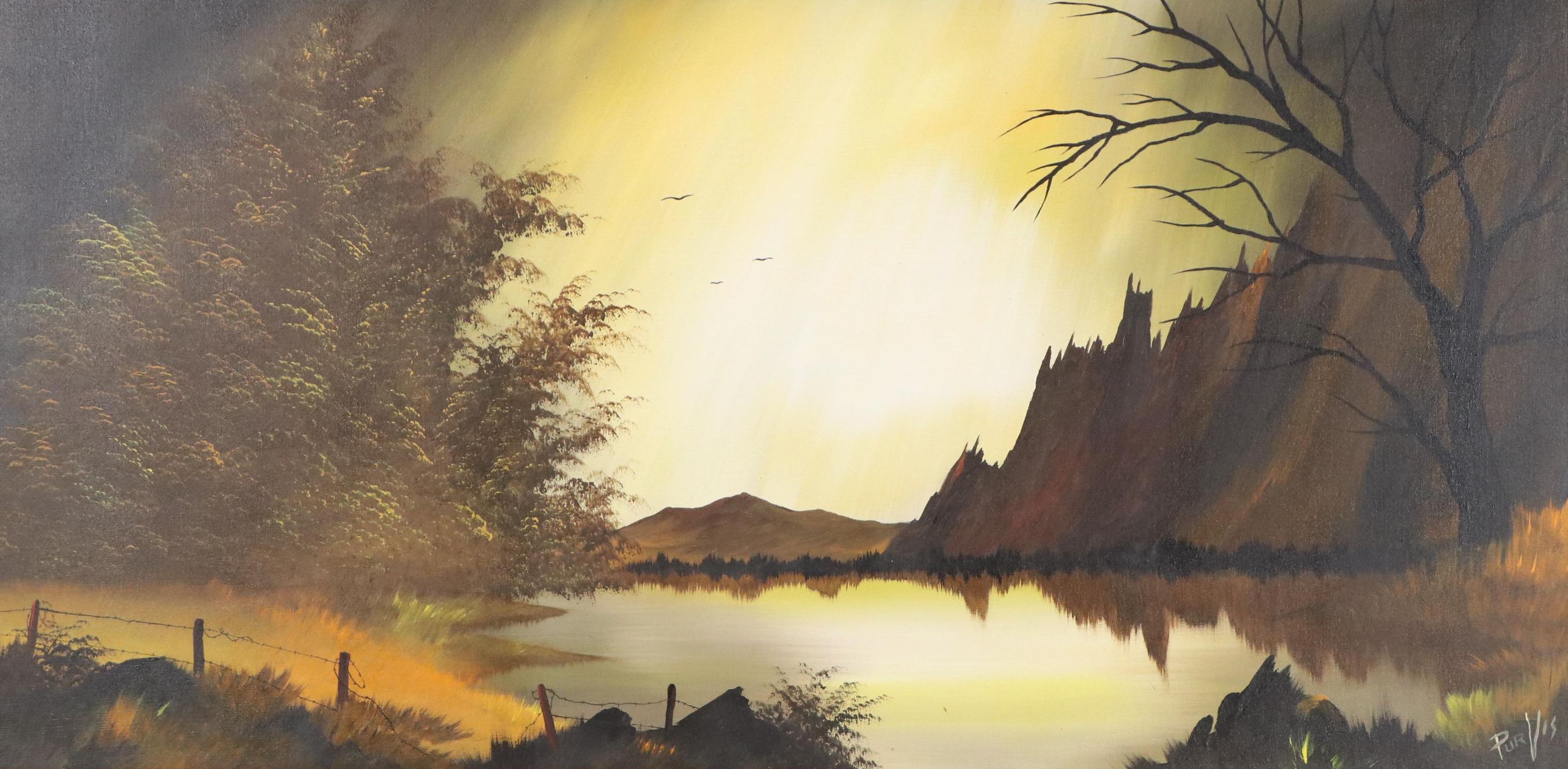 Dusk Mountainous Lake Landscape Oil Painting, Late 20th Century