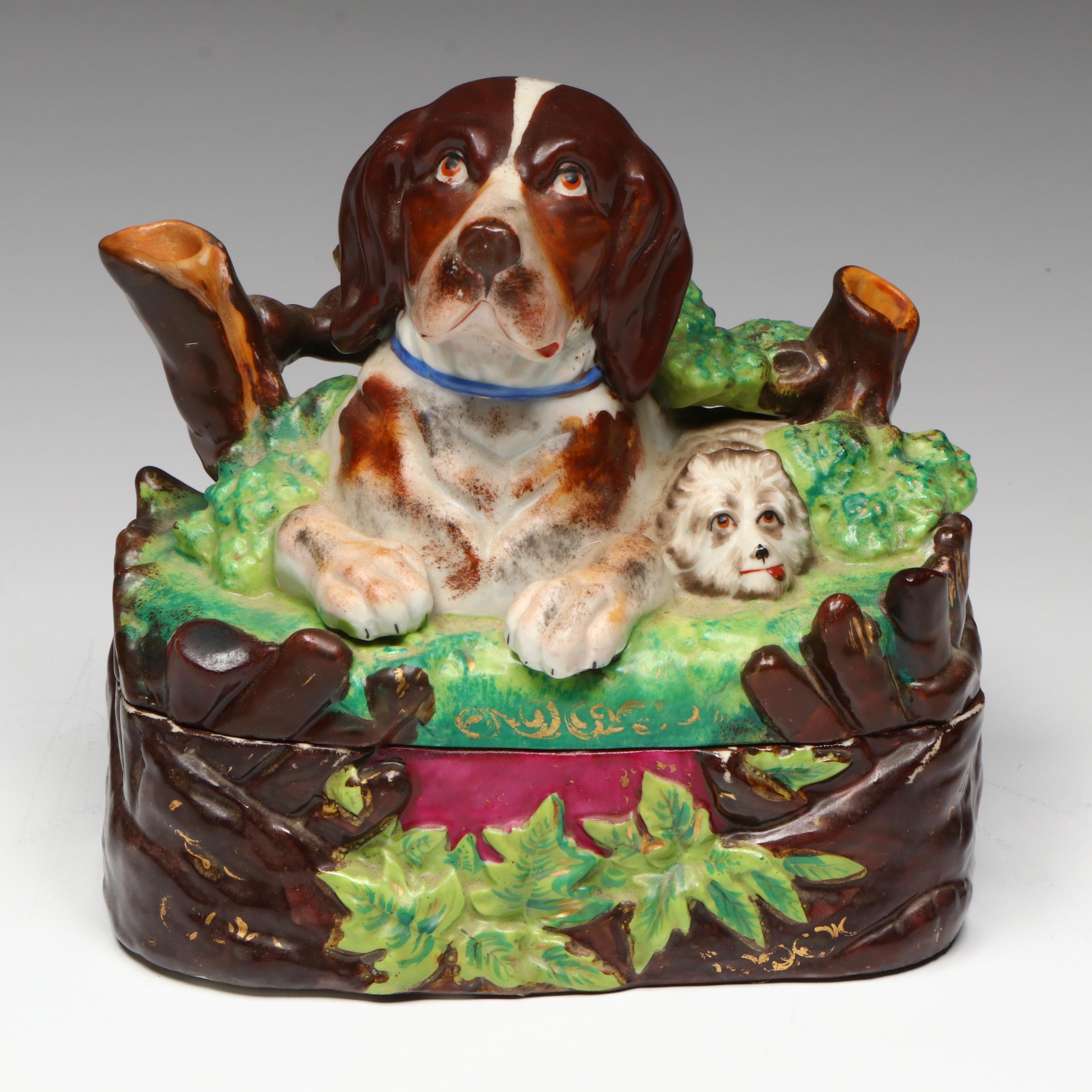 German Victorian Porcelain Dog Head Lidded Inkwell Box, Late 19th Century