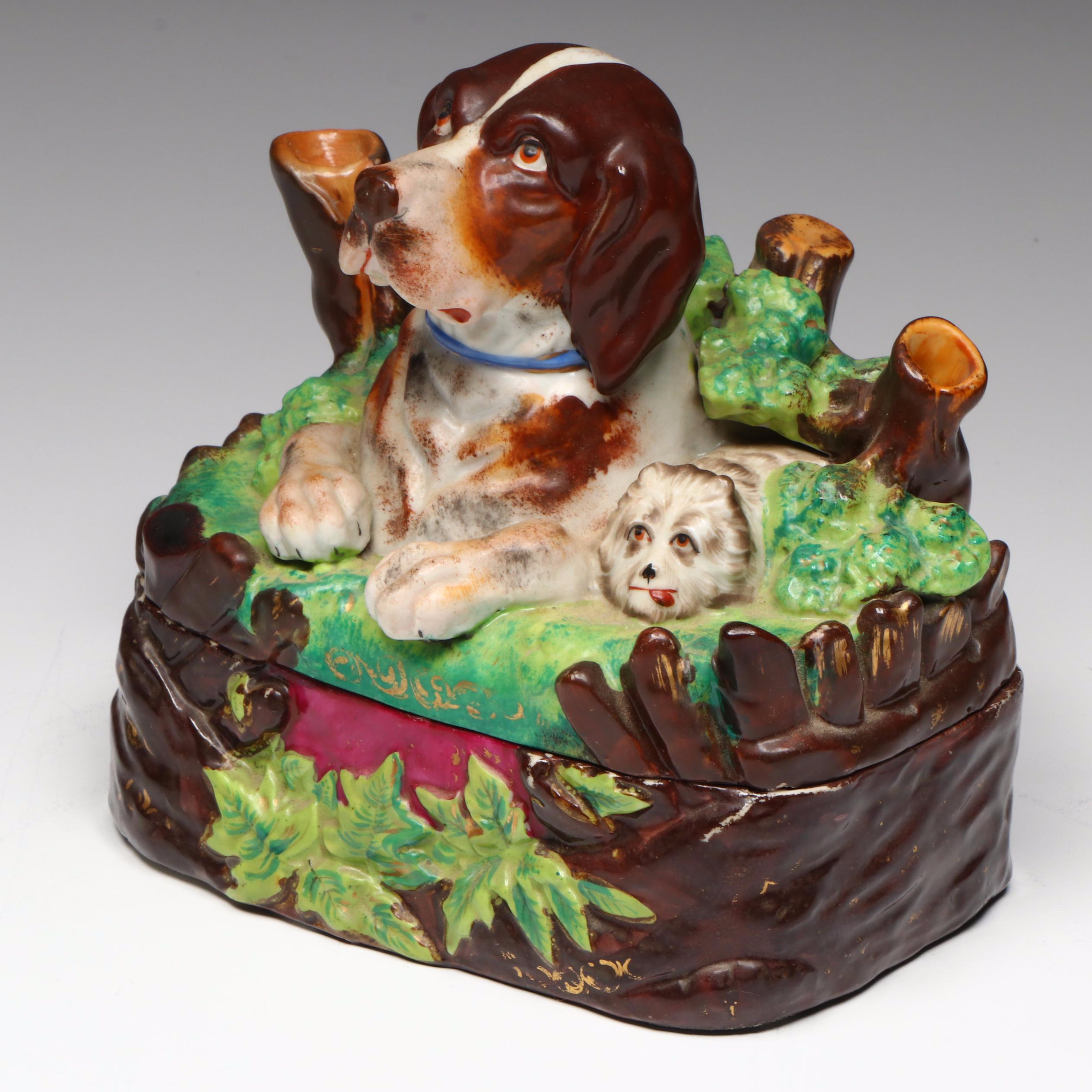 German Victorian Porcelain Dog Head Lidded Inkwell Box, Late 19th Century