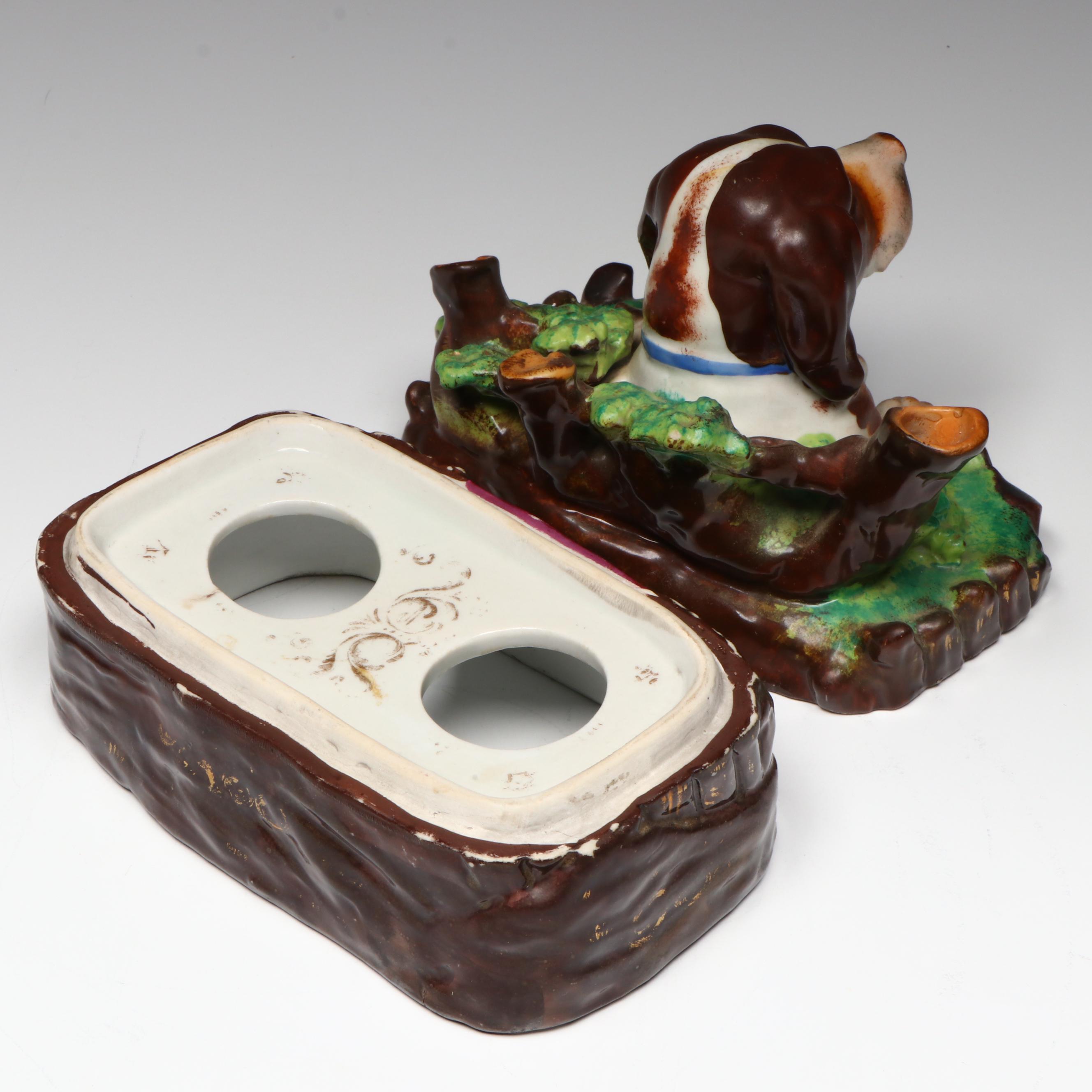 German Victorian Porcelain Dog Head Lidded Inkwell Box, Late 19th Century