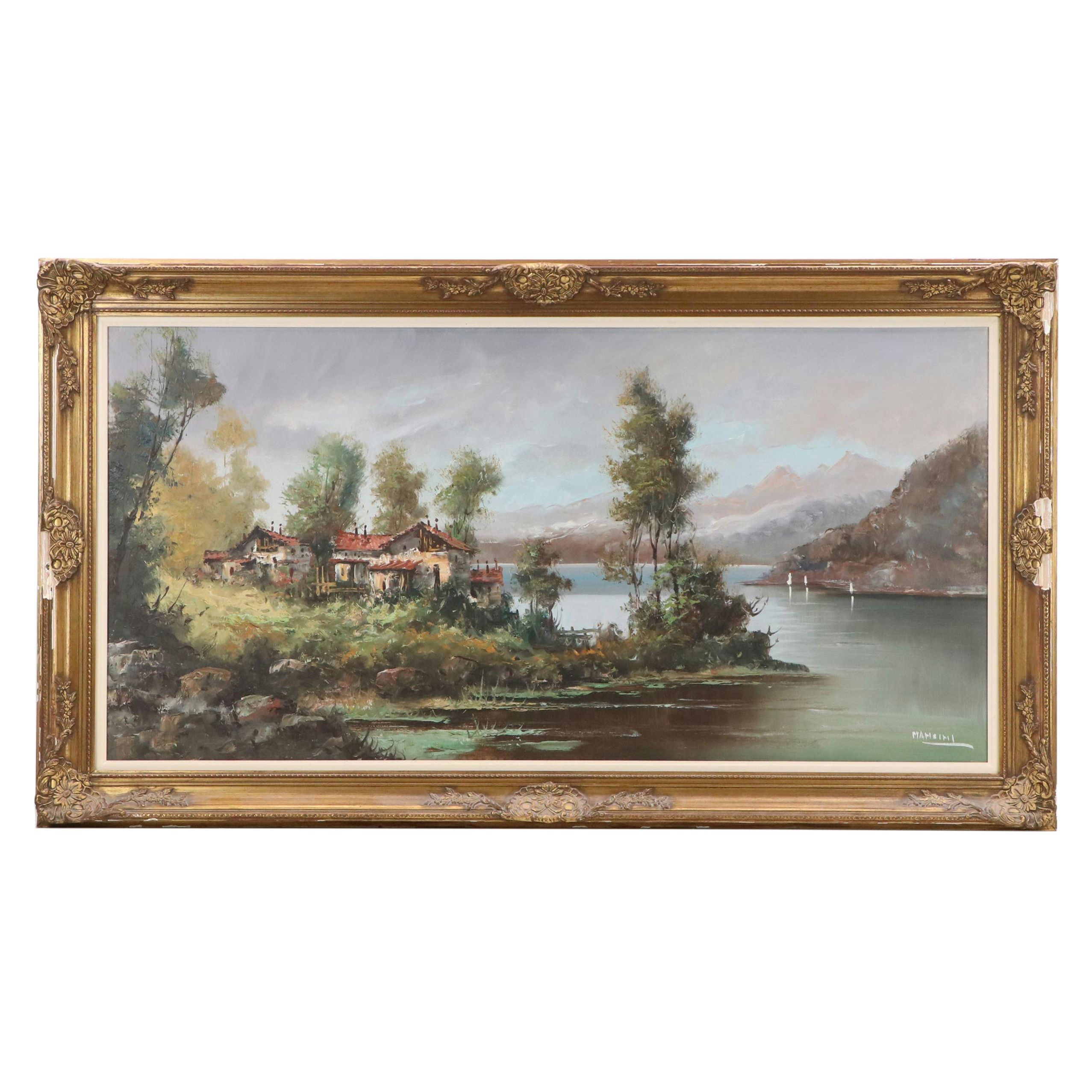 Carlo Mancini Landscape Oil Painting of Lakeside Cottage, Late 20th Century