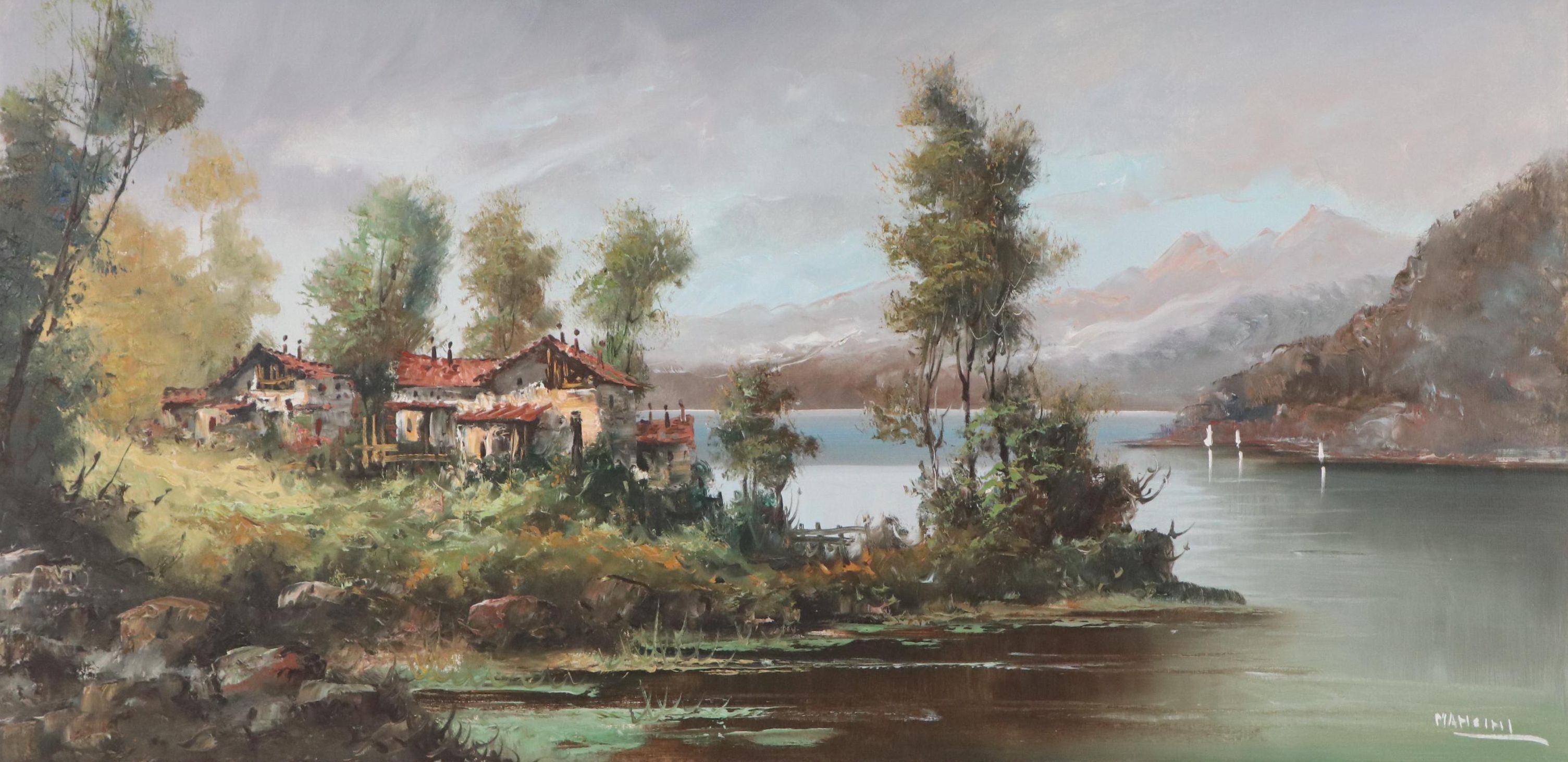 Carlo Mancini Landscape Oil Painting of Lakeside Cottage, Late 20th Century