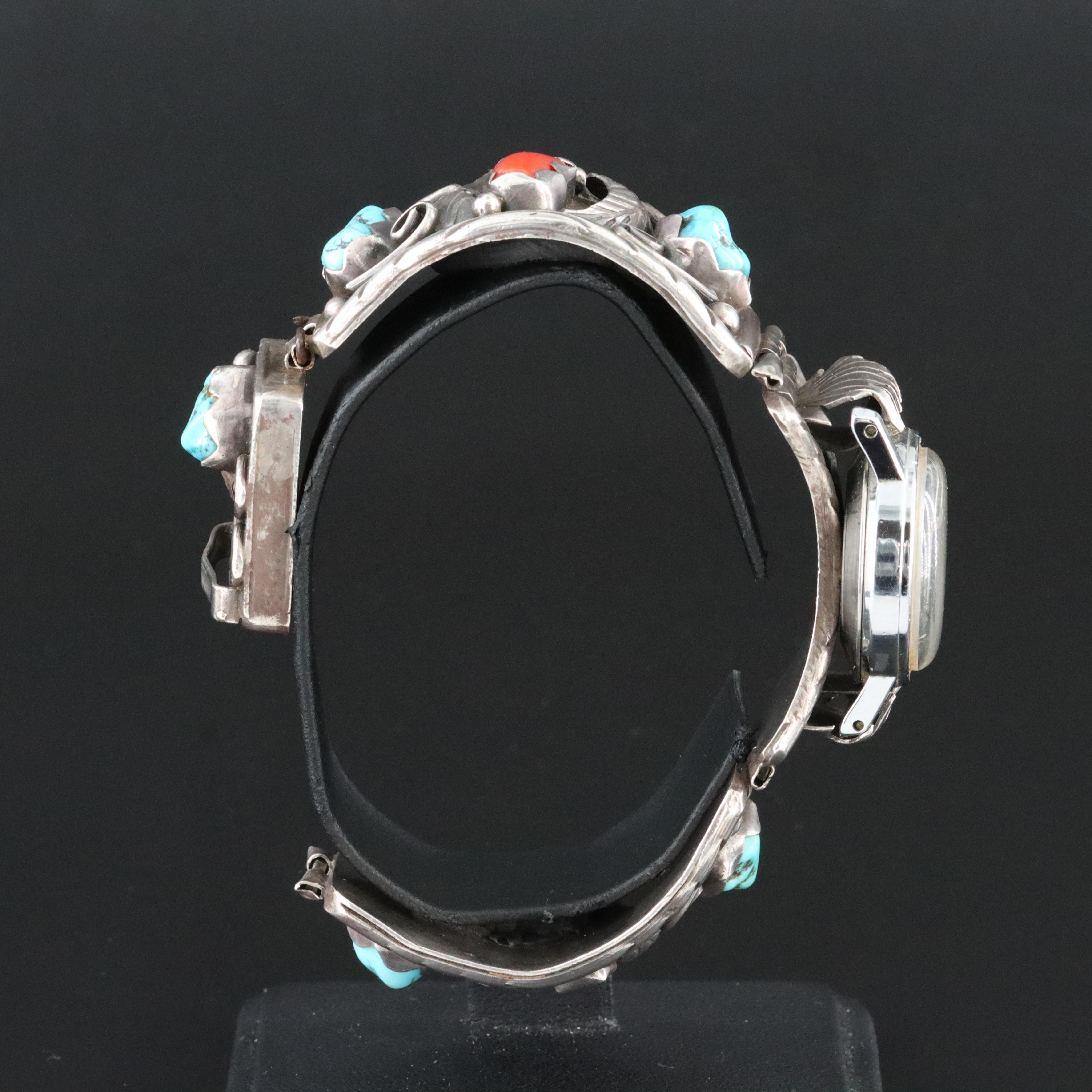 Timex with Turquoise and Red Coral Sterling Silver Watch Band