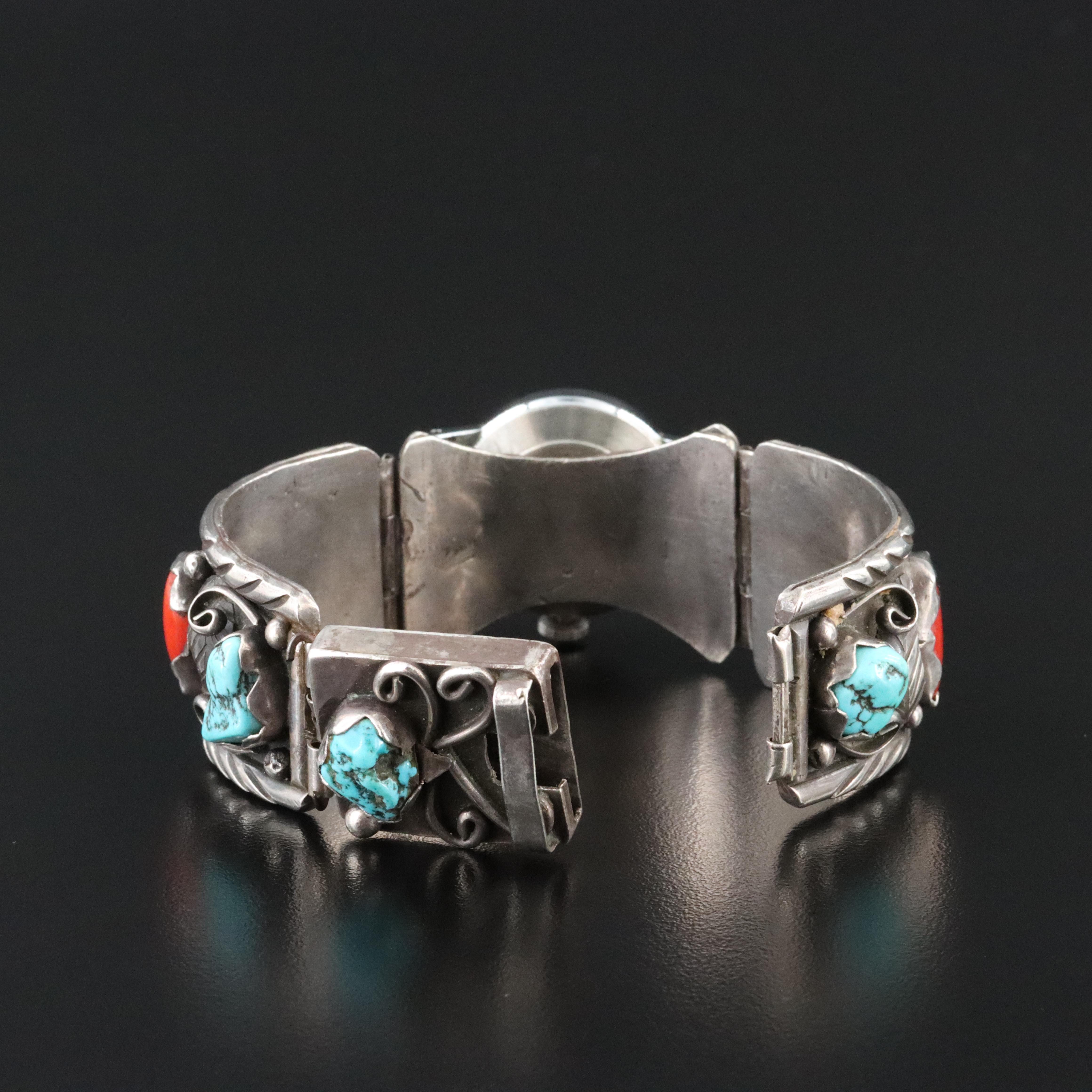 Timex with Turquoise and Red Coral Sterling Silver Watch Band