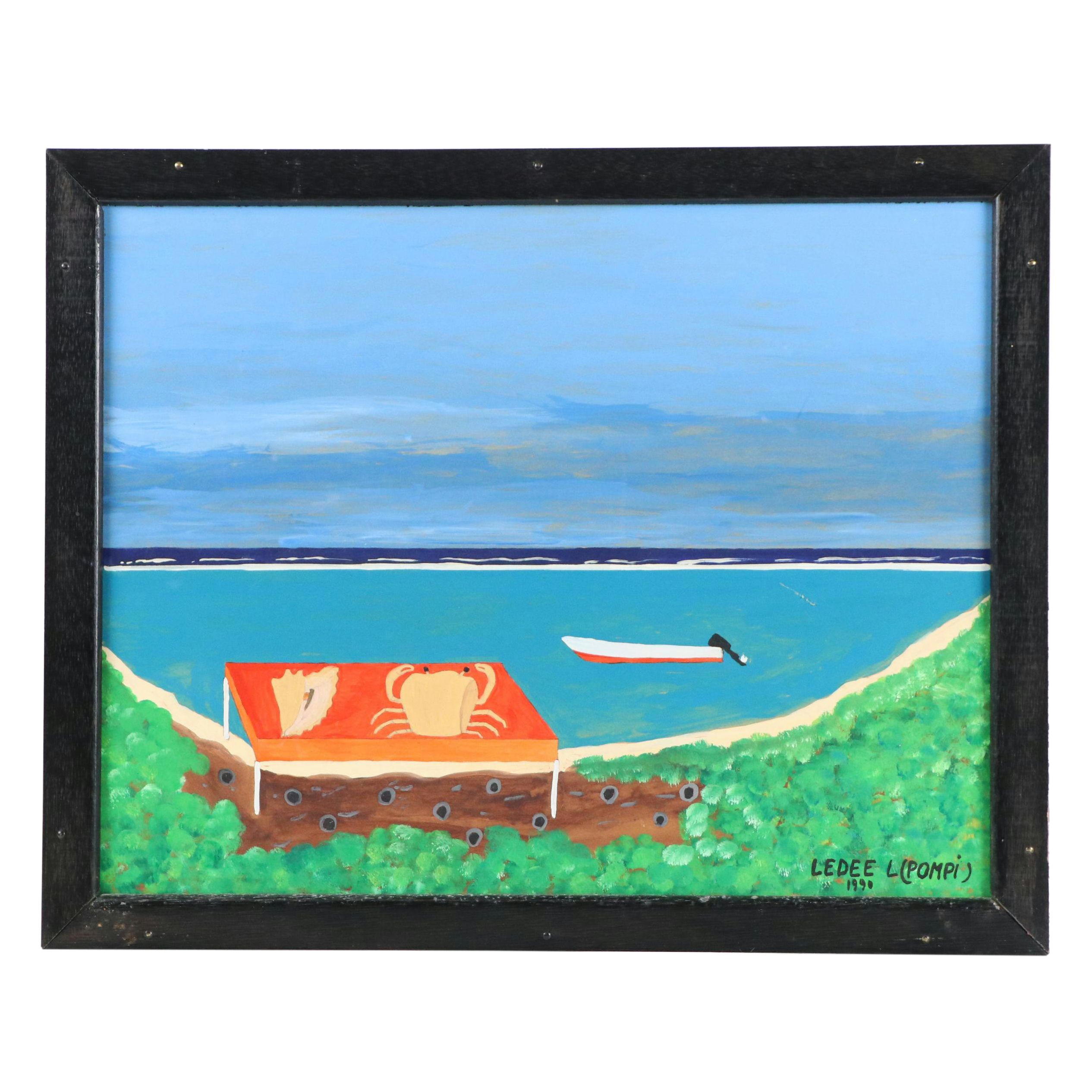 Lédée-Louis Pompi Coastal Landscape Acrylic Painting, 1990