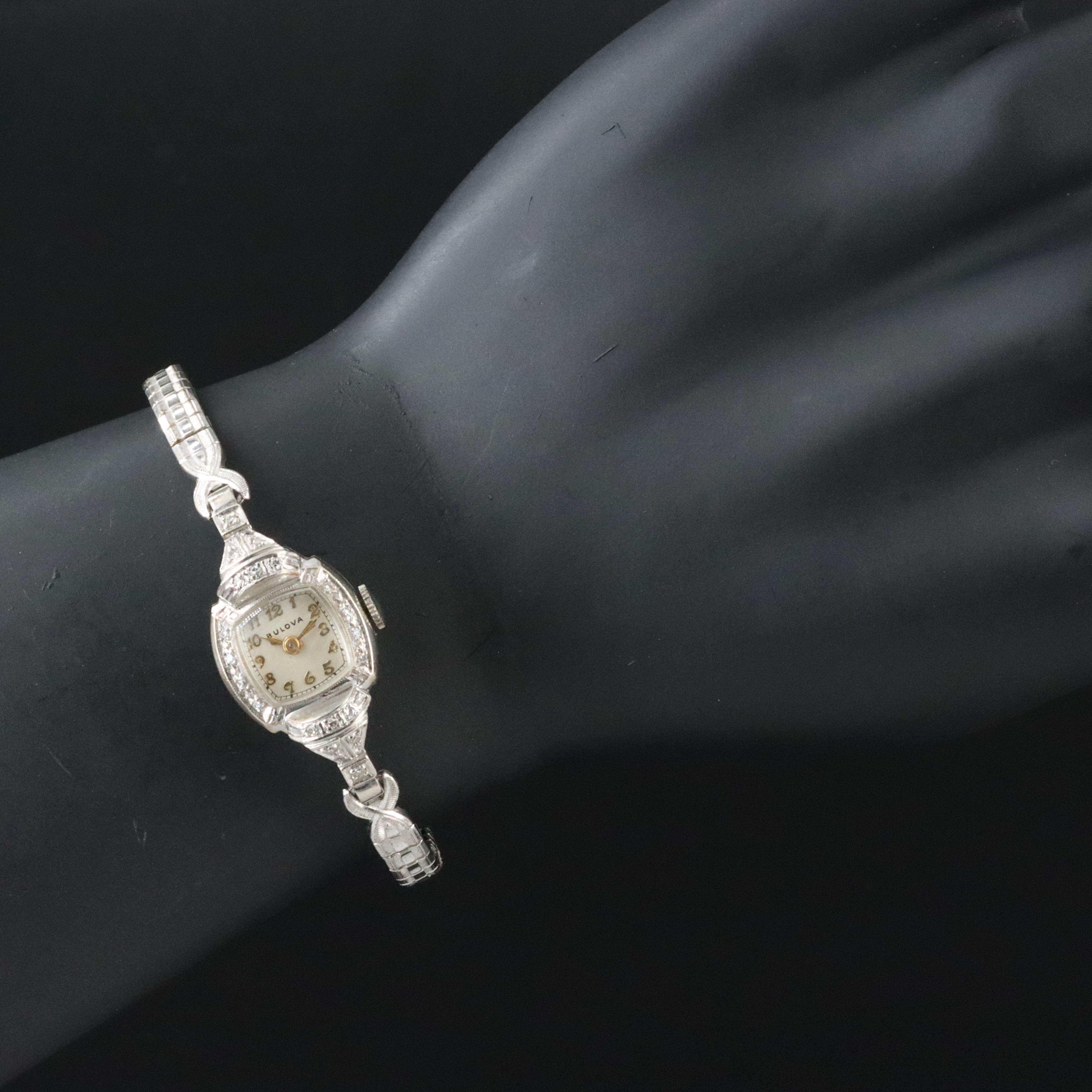 14K Bulova Diamond Late 1940s Stem Wind Watch