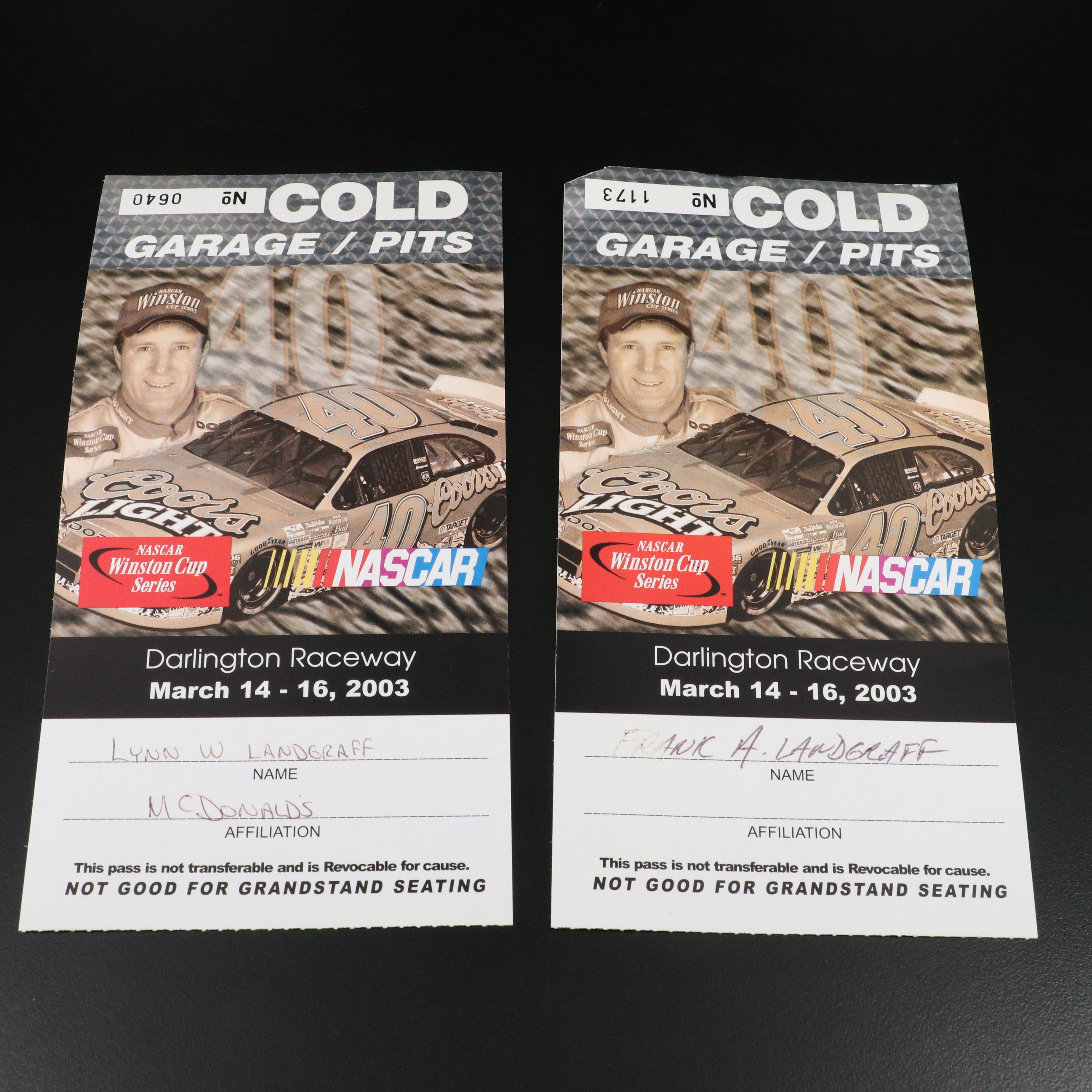 Two 2003 NASCAR Winston Cup Series U.S. Army Field Passes