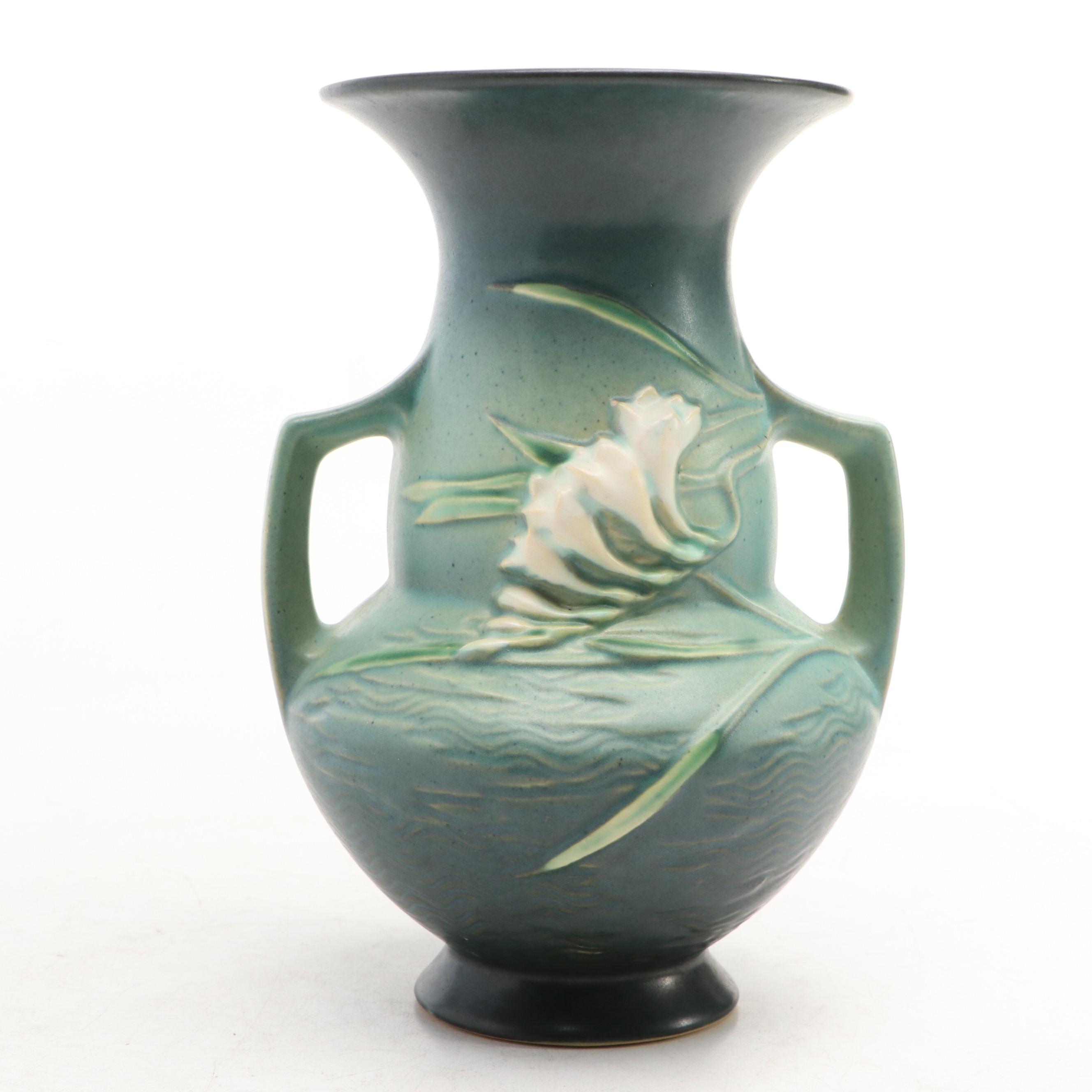 Roseville "Freesia Green" Ceramic Handled Vase, Mid-20th Century