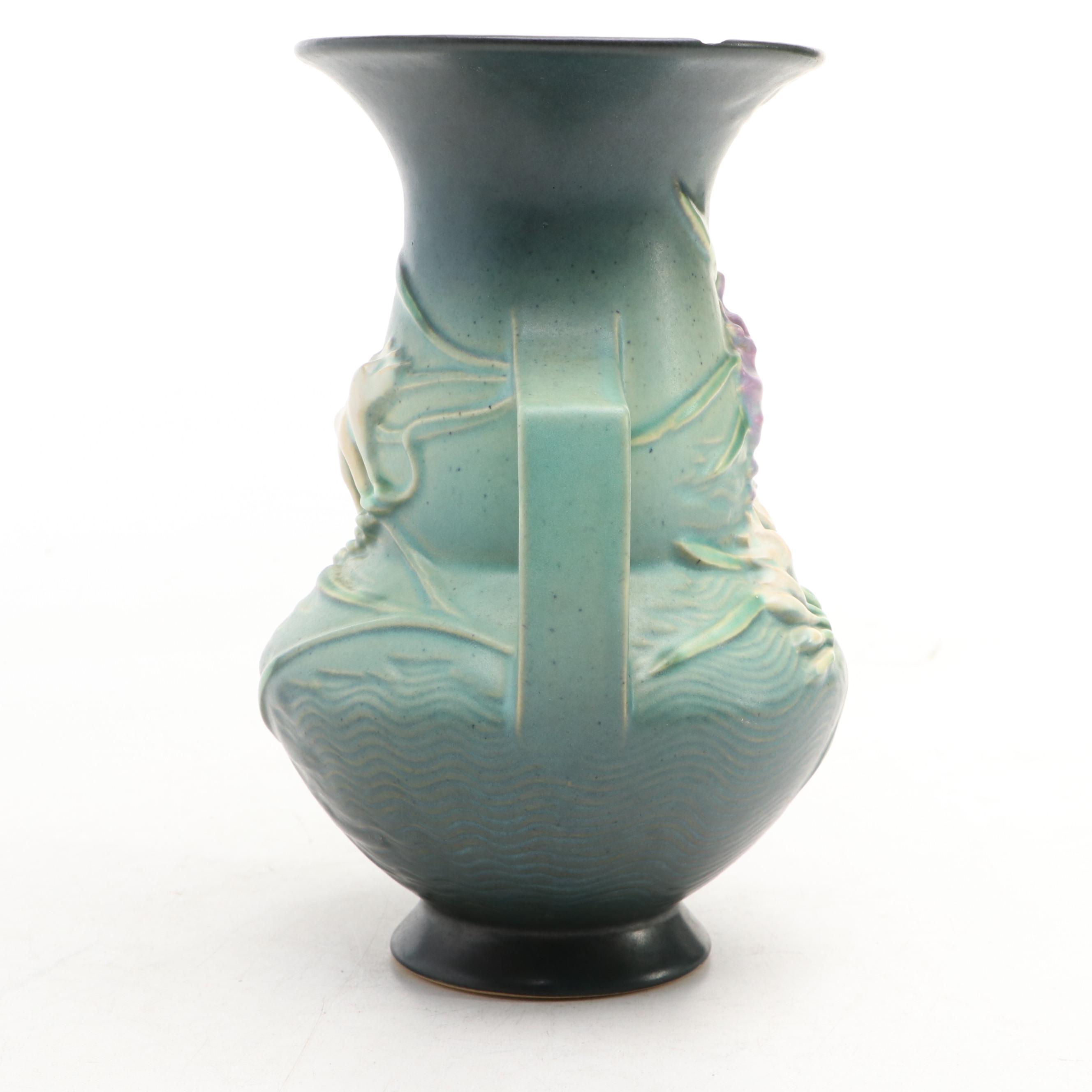 Roseville "Freesia Green" Ceramic Handled Vase, Mid-20th Century