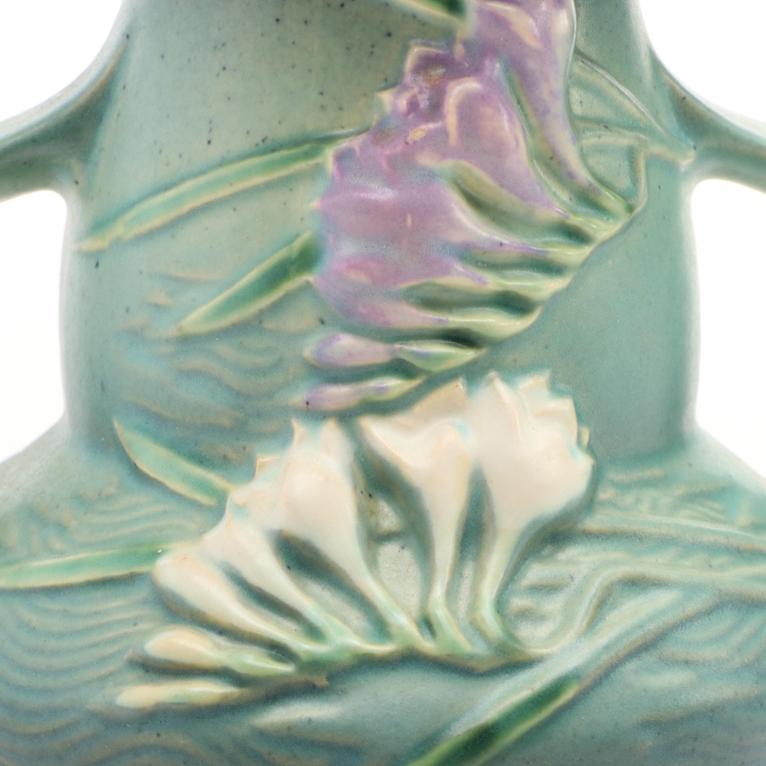 Roseville "Freesia Green" Ceramic Handled Vase, Mid-20th Century