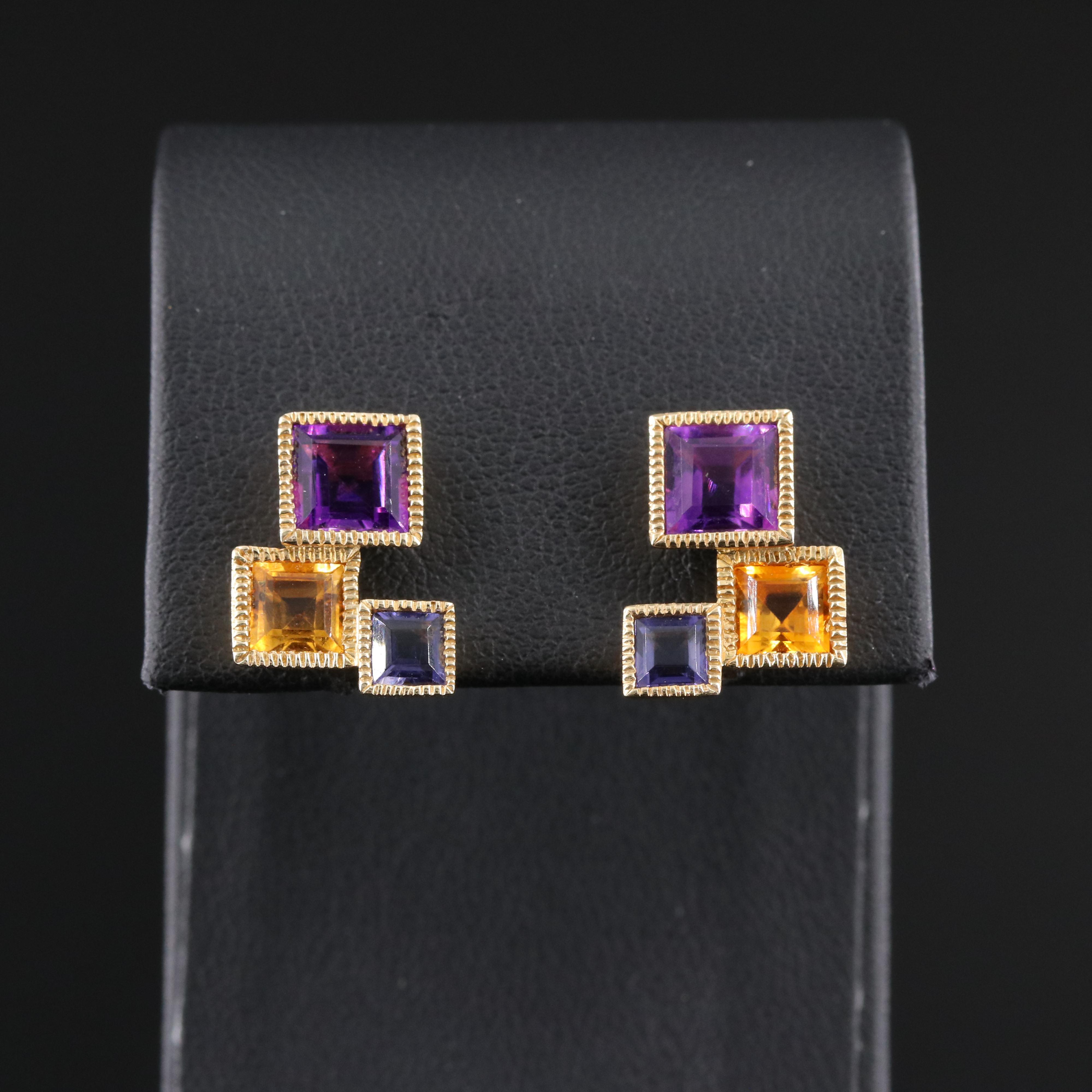 14K Amethyst, Citrine and Iolite Geometric Earrings
