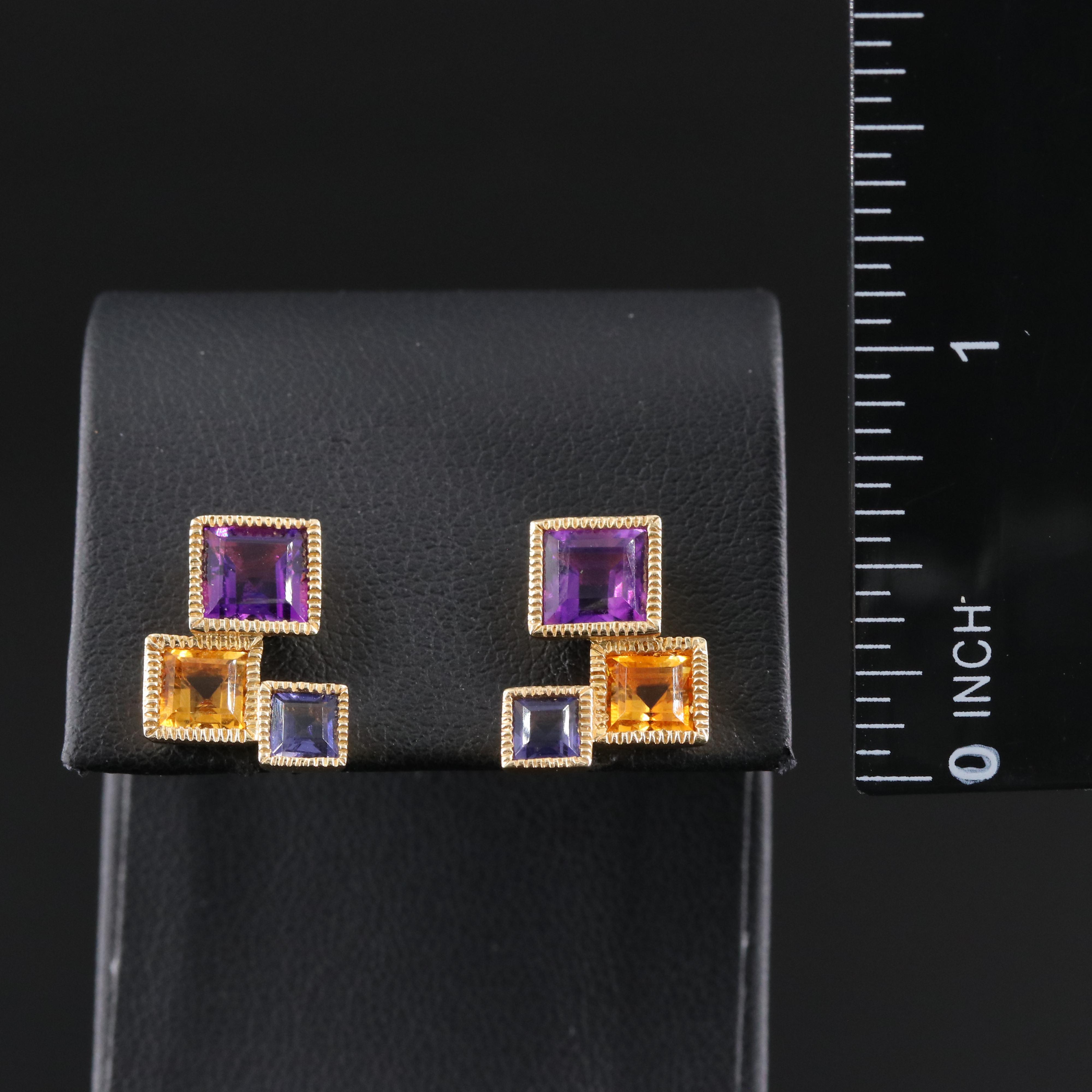 14K Amethyst, Citrine and Iolite Geometric Earrings