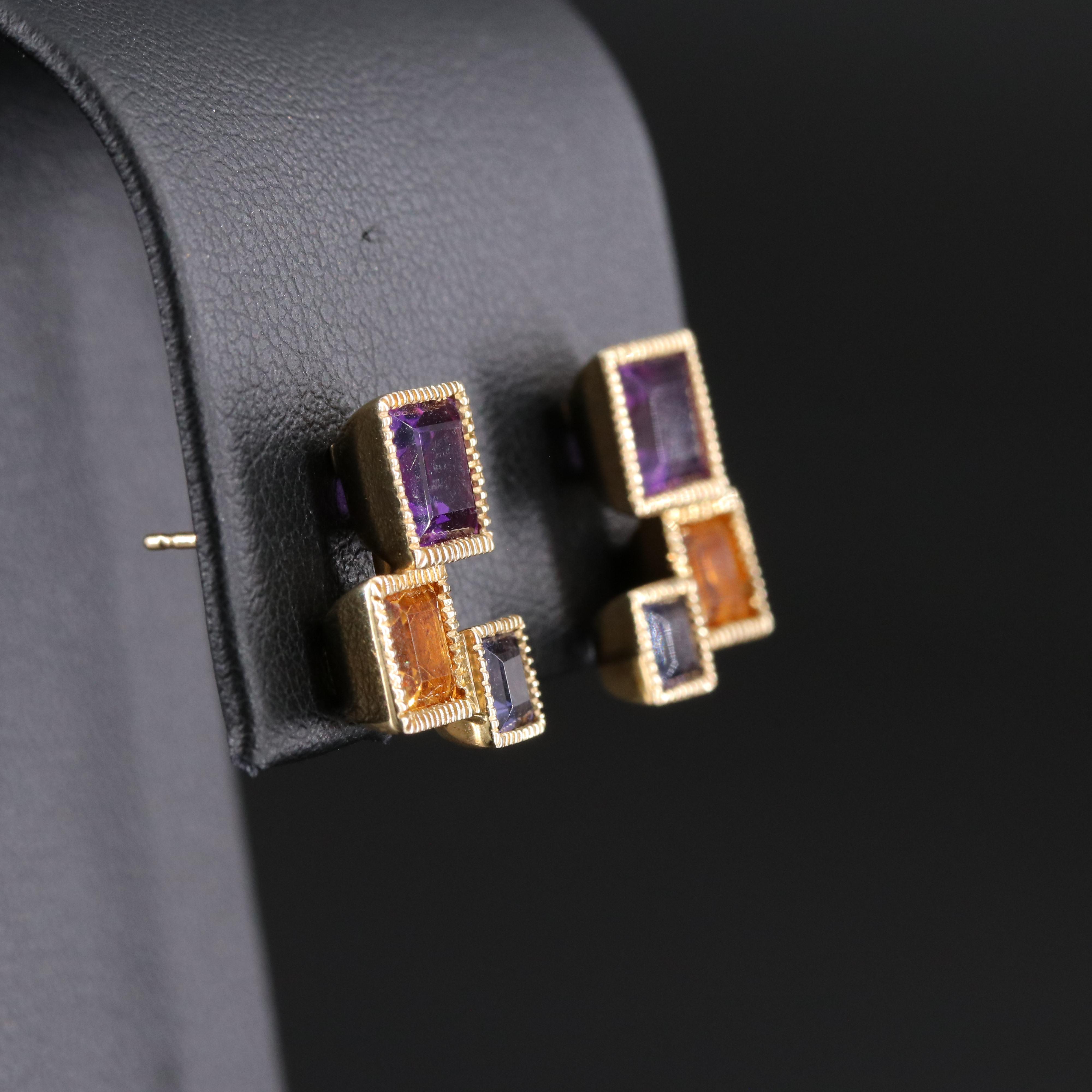 14K Amethyst, Citrine and Iolite Geometric Earrings