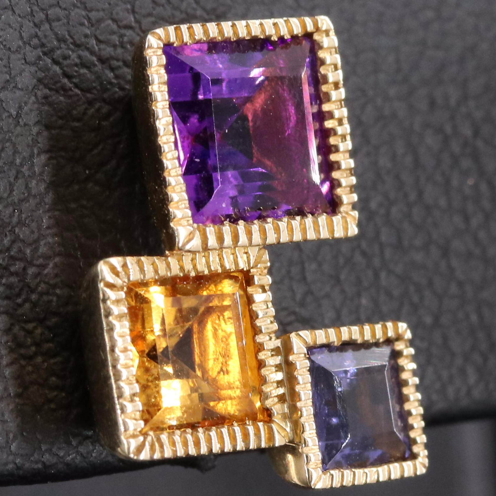 14K Amethyst, Citrine and Iolite Geometric Earrings