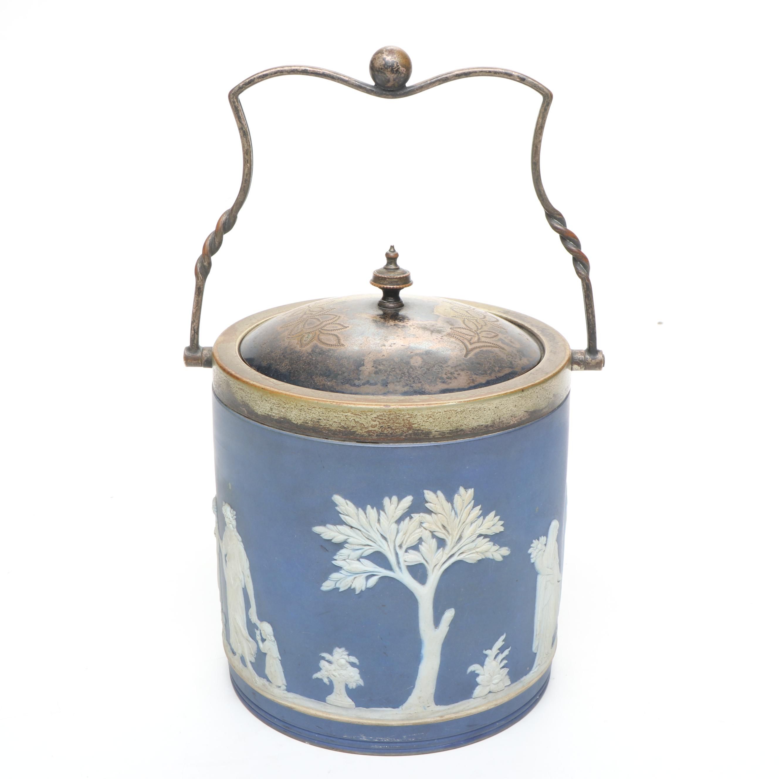 Wedgwood Blue Jasperware and Silver Plate Biscuit Barrel, Mid to Late 19th C.