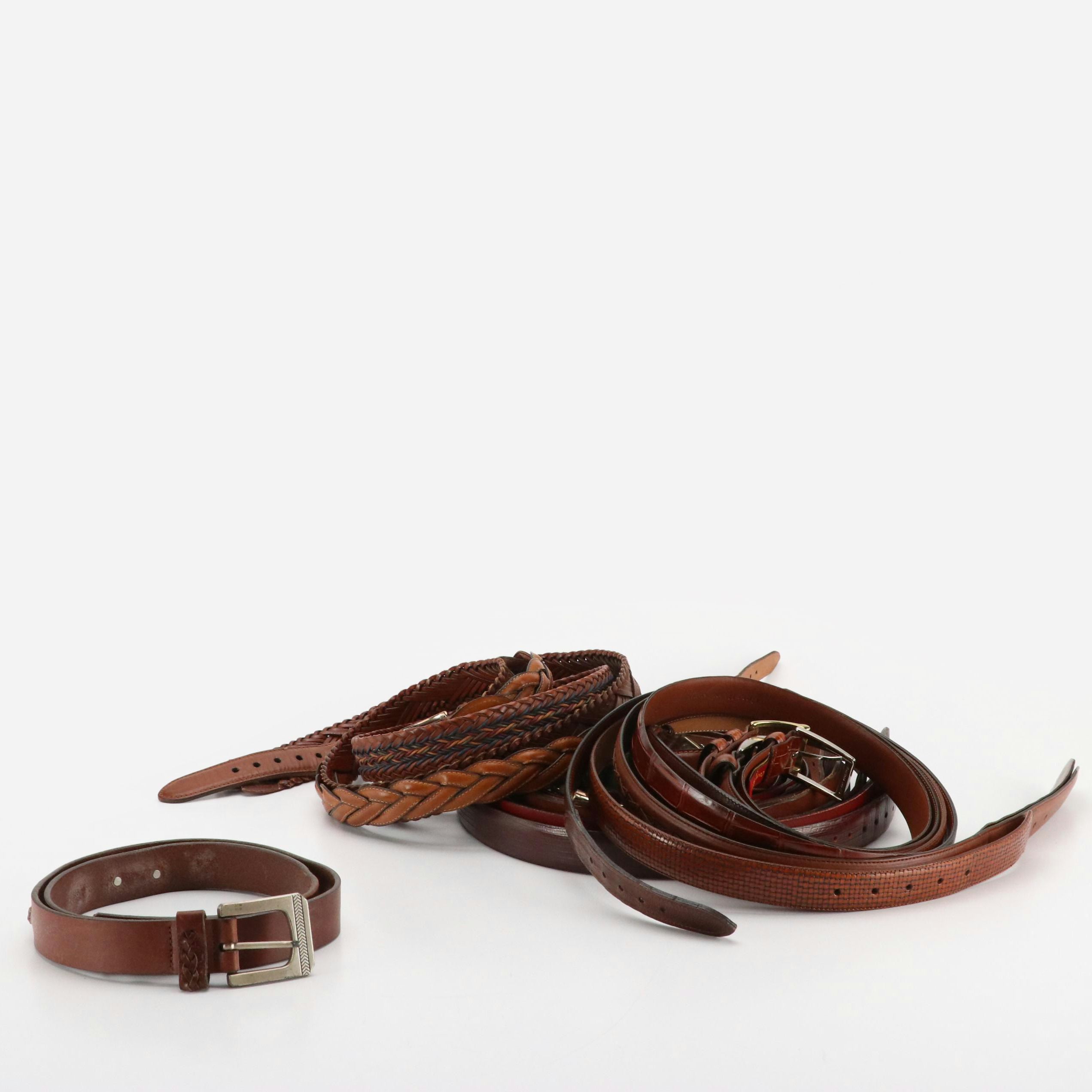 Assorted Brown Leather Belts Featuring Polo Ralph Lauren, Cole Haan, and More