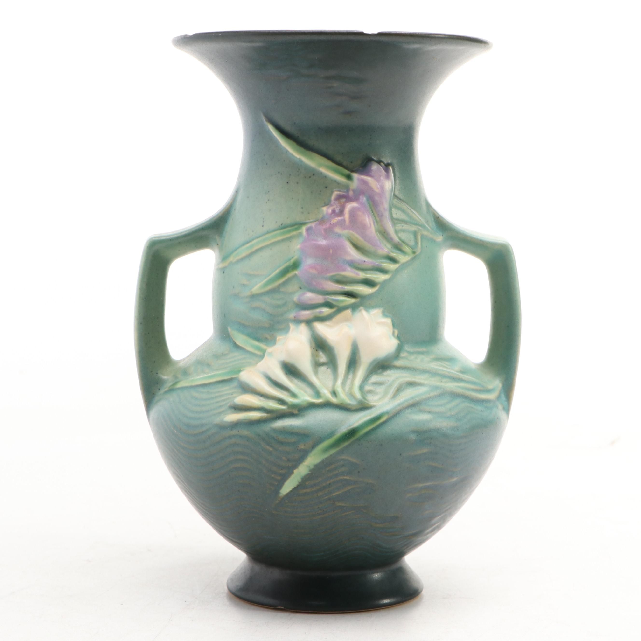 Roseville "Freesia Green" Ceramic Handled Vase, Mid-20th Century