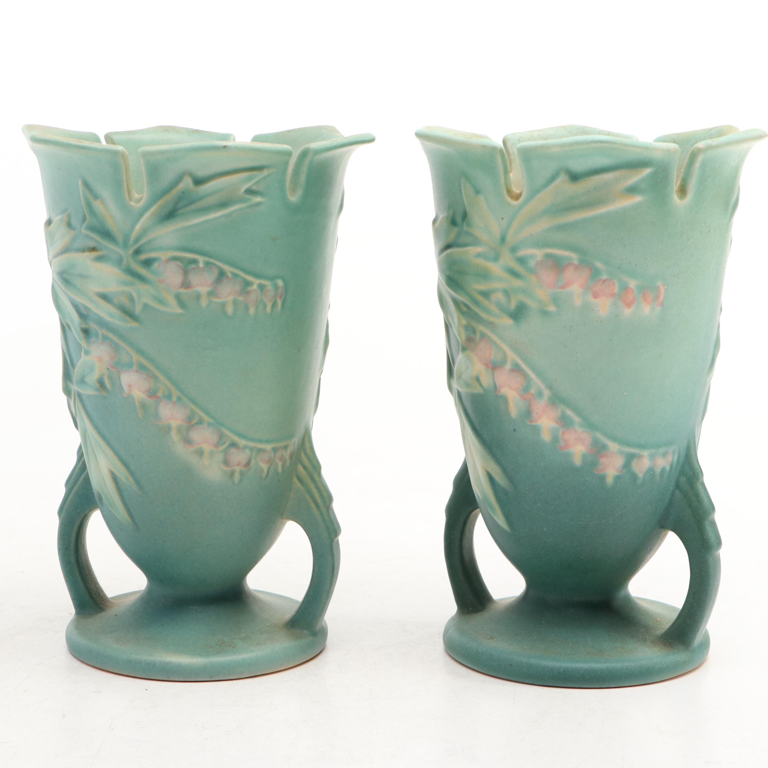 Roseville "Bleeding Heart Green" Art Pottery Vase Pair, Mid-20th Century