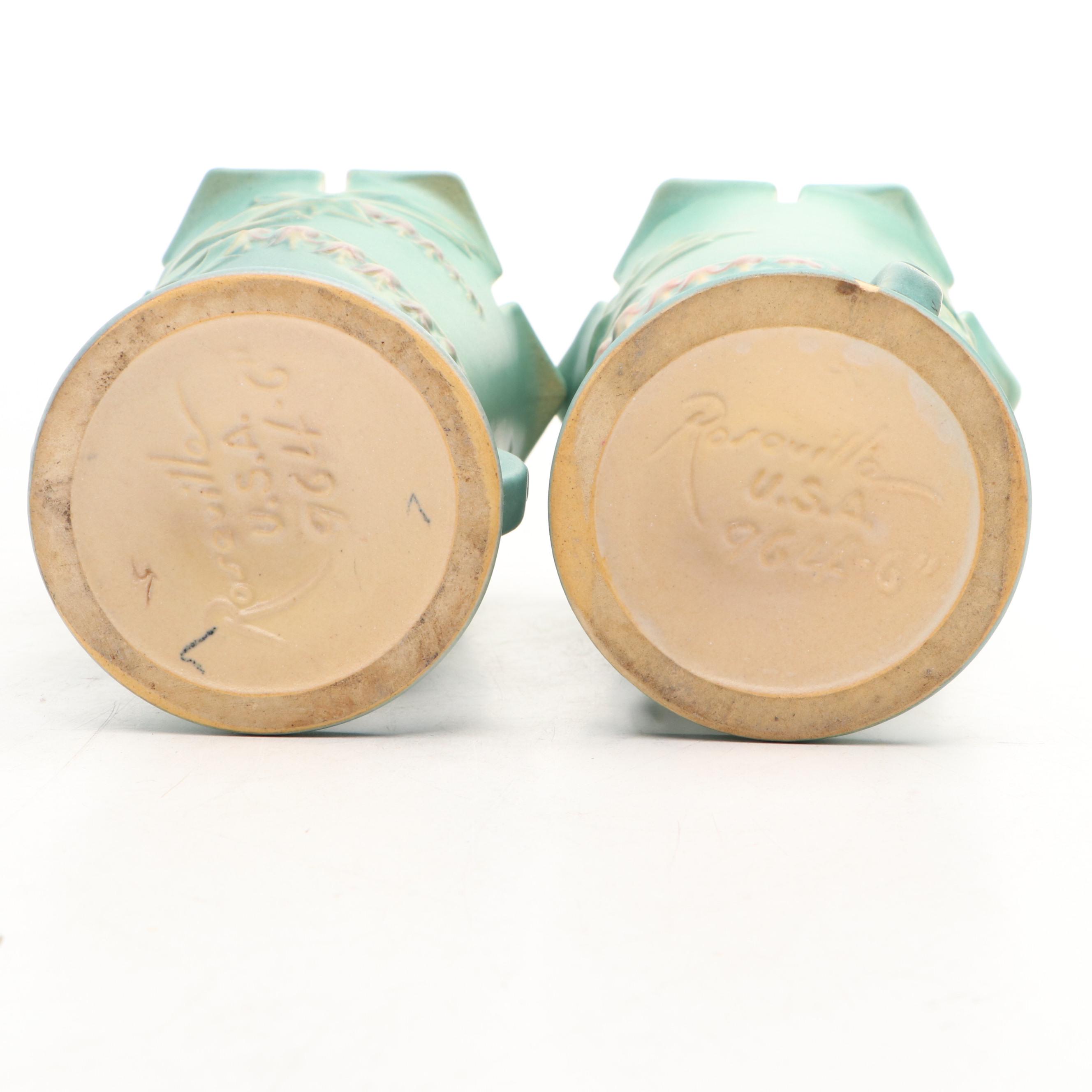 Roseville "Bleeding Heart Green" Art Pottery Vase Pair, Mid-20th Century