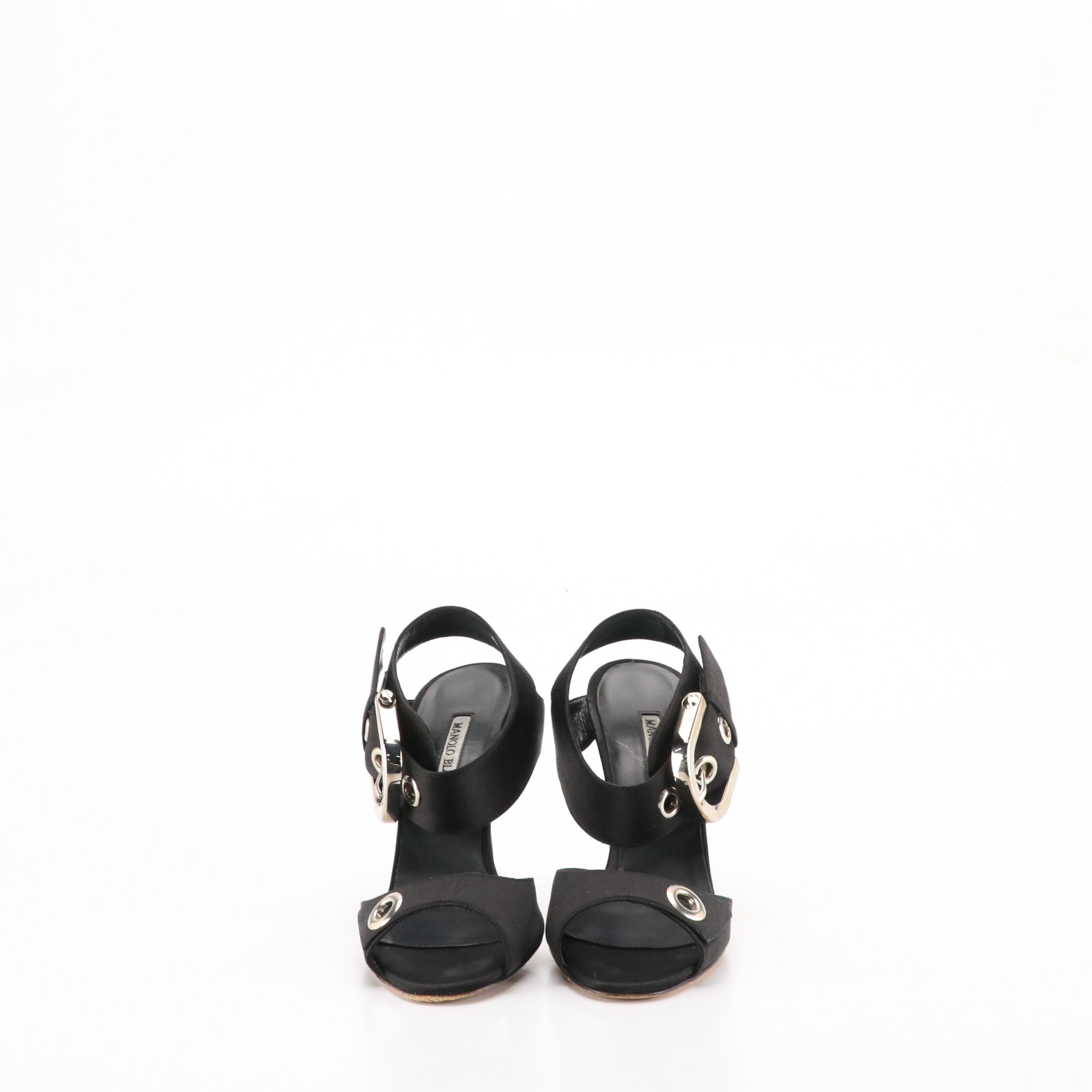 Manolo Blahnik Black Satin Buckled Ankle Strap Sandals