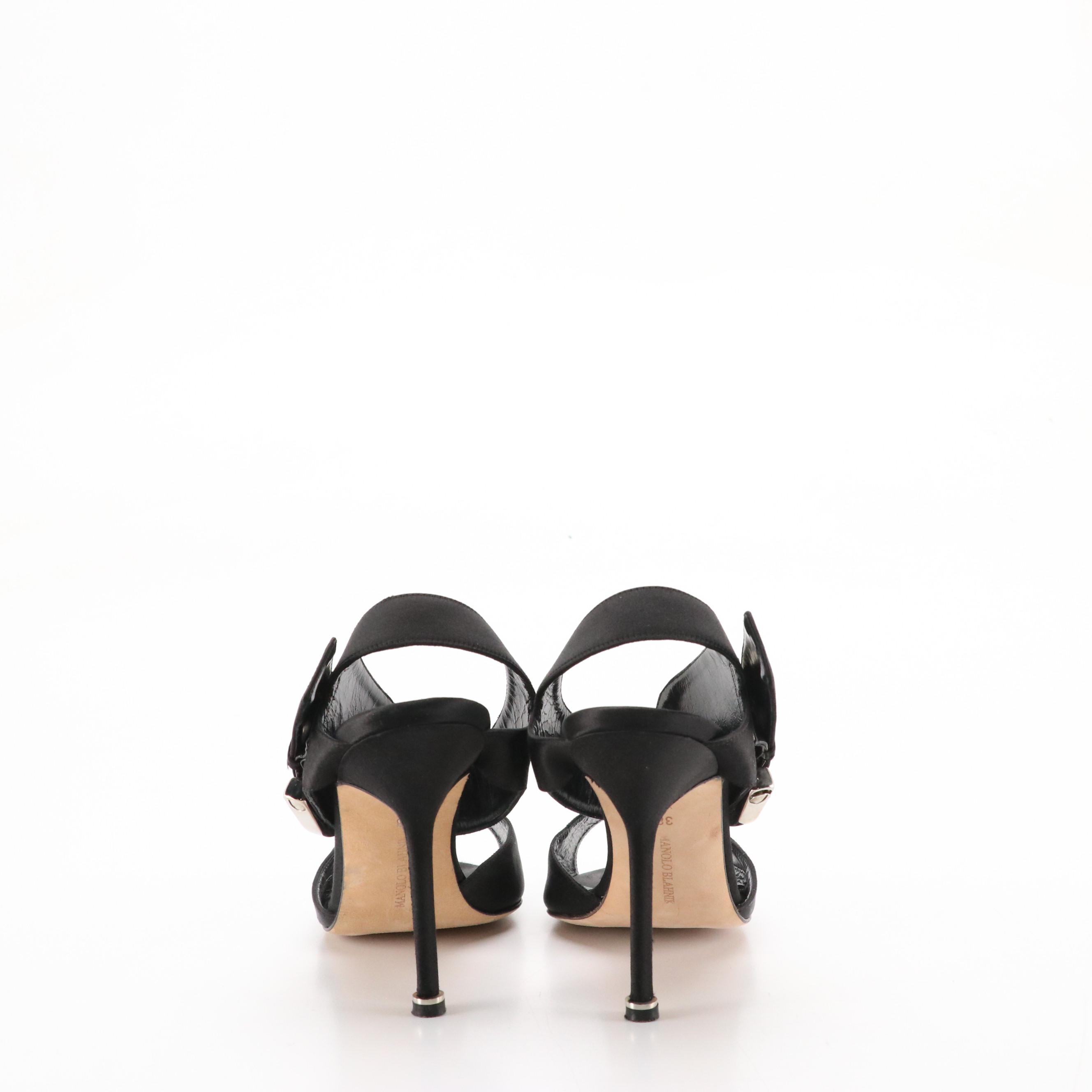 Manolo Blahnik Black Satin Buckled Ankle Strap Sandals